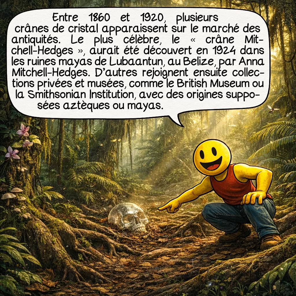Les crânes de cristal, case 2 : L’histoire commence dans les années 1860-1920, période où plusieurs crânes de cristal apparaissent mystérieusement sur le marché des antiquités. Le plus célèbre est le « crâne Mitchell-Hedges », prétendument découvert en 1924 dans les ruines mayas de Lubaantun, au Belize, par Anna Mitchell-Hedges, fille de l’explorateur britannique Frederick Mitchell-Hedges. D’autres spécimens surgissent dans des collections privées et musées, notamment au British Museum et à la Smithsonian Institution. Chacun accompagné de récits évoquant des origines aztèques ou mayas anciennes.