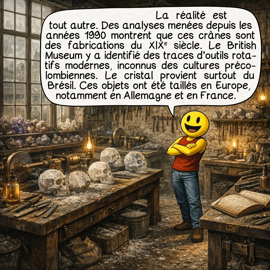 Les crânes de cristal, case 3 : La réalité est bien différente. Des analyses scientifiques menées depuis les années 1990 ont révélé que ces crânes sont des fabrications modernes, réalisées au XIXe siècle. Les experts du British Museum ont détecté des marques caractéristiques d’outils rotatifs électriques ou à pédale, technologies inexistantes dans les cultures précolombiennes. Le cristal de roche utilisé provient majoritairement du Brésil, non d’Amérique centrale. Ces objets ont été fabriqués en Europe, principalement en Allemagne et en France, par des lapidaires professionnels.