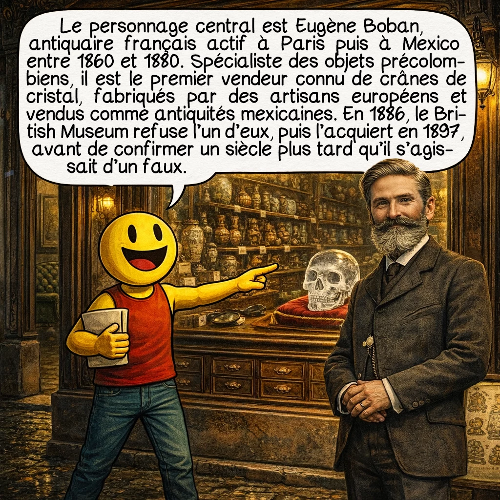Les crânes de cristal, case 4 : Le personnage clef de cette histoire est Eugène Boban, antiquaire français installé à Paris puis Mexico dans les années 1860-1880. Spécialisé dans les artefacts précolombiens, il est le premier vendeur documenté de crânes de cristal. Boban commandait ces pièces à des artisans européens, puis les revendait comme authentiques antiquités mexicaines. En 1886, il tente de vendre un crâne au British Museum, mais les conservateurs, déjà sceptiques, refusent. Le musée l’acquiert finalement en 1897 après la mort de Boban, avant de confirmer un siècle plus tard qu’il s’agit bien d’un faux.