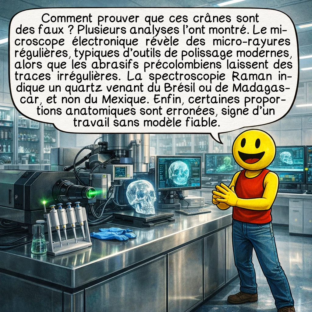 Les crânes de cristal, case 5 : Comment les scientifiques ont-ils démontré que ces crânes sont des faux ? Grâce à plusieurs techniques d’analyse. D’abord, l’examen au microscope électronique révèle des micro-rayures parallèles et régulières, signatures des disques de polissage rotatifs modernes. Les civilisations précolombiennes utilisaient des abrasifs naturels, comme le sable, qui laissent des marques irrégulières et multidirectionnelles. Ensuite, la spectroscopie Raman identifie la composition exacte du quartz et son origine géographique : Brésil et Madagascar, non le Mexique. Enfin, les proportions anatomiques sont parfois inexactes, suggérant que les artisans travaillaient sans modèle précis.