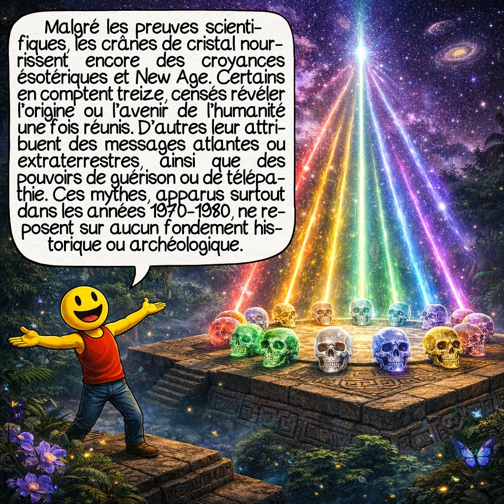 Les crânes de cristal, case 6 : Malgré les preuves scientifiques, les crânes de cristal continuent d’alimenter théories ésotériques et croyances New Age. Selon certains, ils seraient treize au total et, une fois réunis, révéleraient des secrets sur l’origine de l’humanité ou l’avenir de notre espèce. D’autres affirment qu’ils contiennent des informations encodées des Atlantes ou des extraterrestres. On leur prête des pouvoirs de guérison, de vision psychique ou de communication télépathique. Ces légendes modernes, apparues principalement dans les années 1970-1980, n’ont aucun fondement historique ou archéologique.