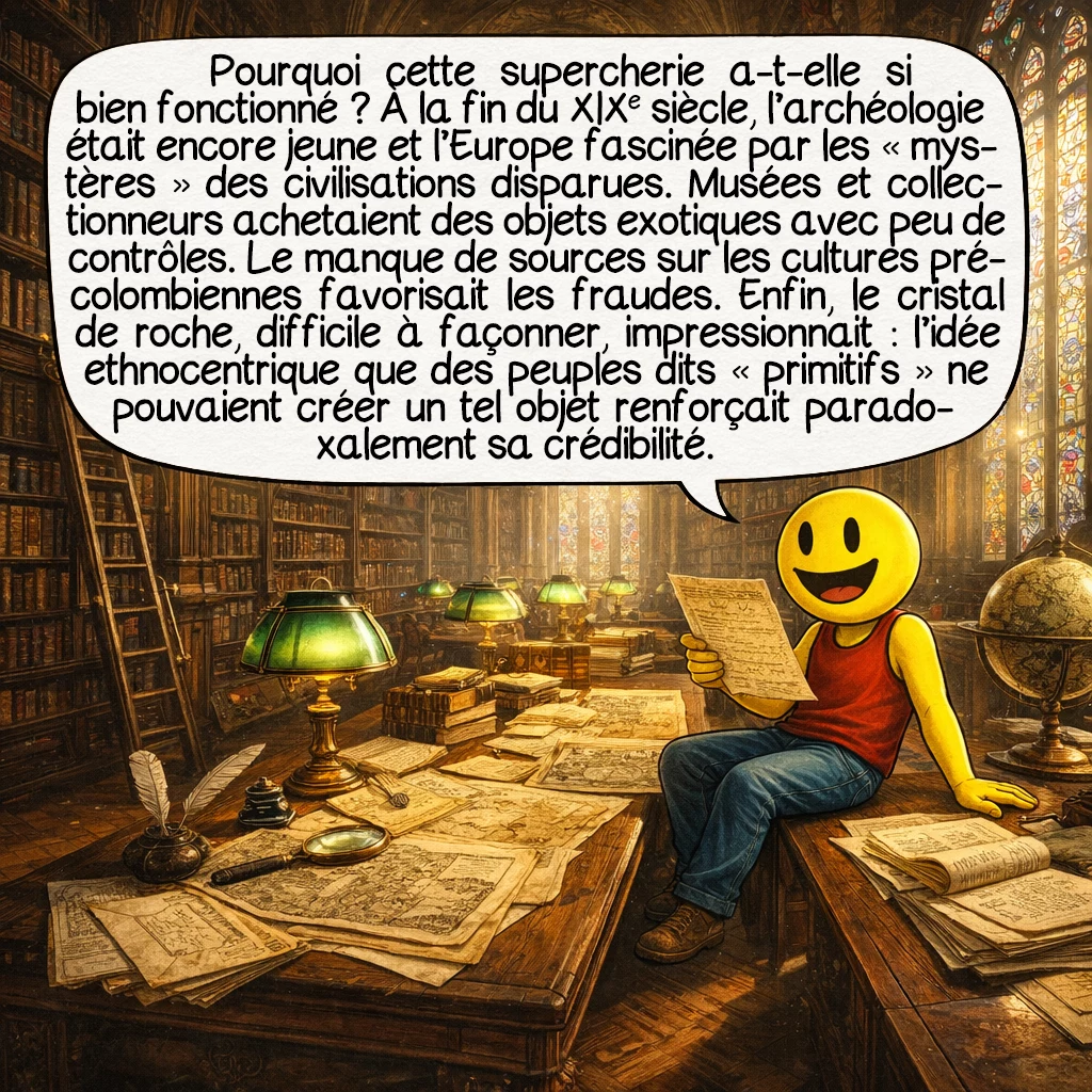 Les crânes de cristal, case 7 : Pourquoi cette supercherie a-t-elle si bien fonctionné ? À la fin du XIXe siècle, l’archéologie était une science jeune et l’Europe fascinée par les « mystères » des civilisations disparues. Les musées et collectionneurs achetaient avidement objets exotiques avec peu de vérifications. L’absence de documentation précise sur les cultures précolombiennes facilitait les fraudes. De plus, le cristal de roche, matériau difficile à travailler, impressionnait : comment des peuples « primitifs » auraient-ils pu façonner un objet si complexe ? Cette question, posée de manière ethnocentrique, renforçait paradoxalement l’authenticité perçue.