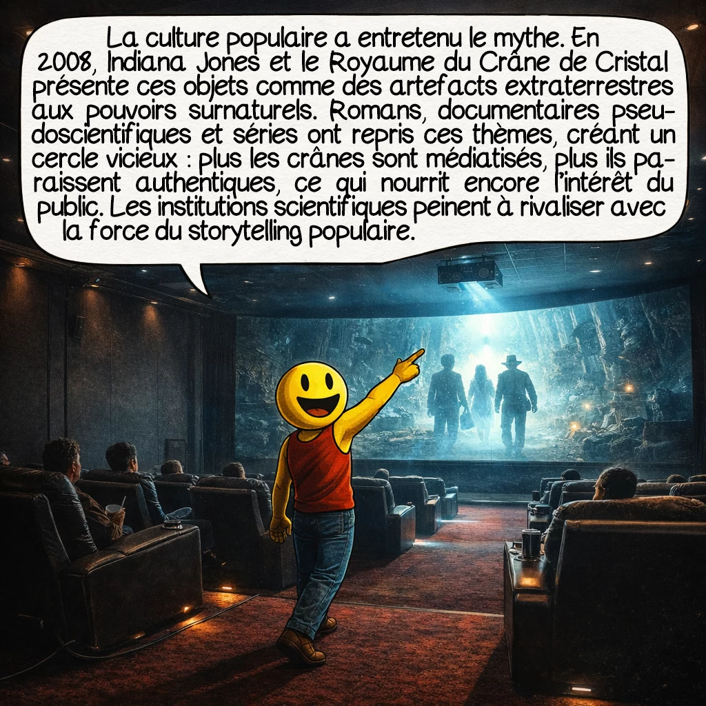 Les crânes de cristal, case 8 : La culture populaire a largement contribué à perpétuer le mythe. En 2008, le film « Indiana Jones et le Royaume du Crâne de Cristal » présente ces objets comme des artefacts extraterrestres dotés de pouvoirs surnaturels. Romans, documentaires pseudoscientifiques et séries télévisées ont régulièrement repris ces thèmes. Cette médiatisation crée un cercle vicieux : plus les crânes sont médiatisés, plus le public les croit authentiques et mystérieux, renforçant l’intérêt médiatique. Les institutions scientifiques peinent à déconstruire ces mythes face à la puissance du storytelling populaire.