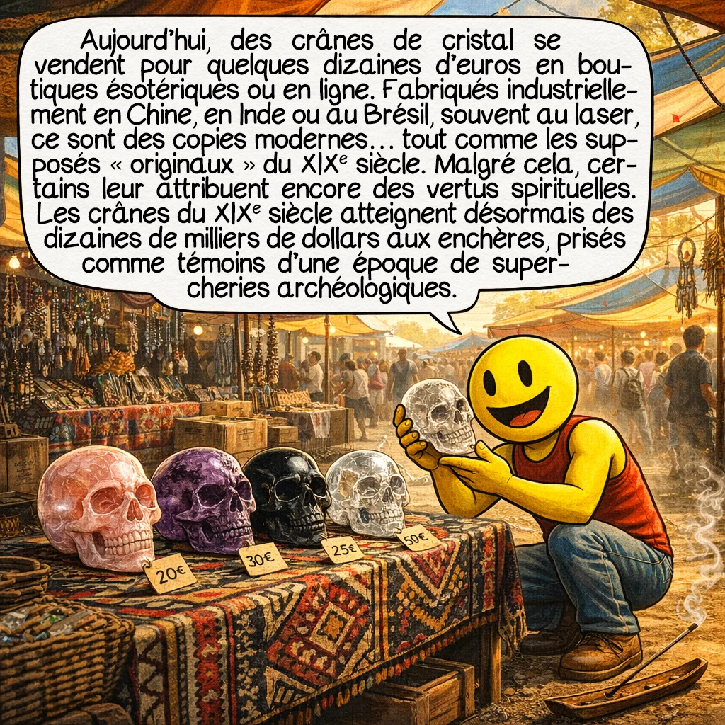 Les crânes de cristal, case 9 : Aujourd’hui, on peut acheter des crânes de cristal pour quelques dizaines d’euros dans les boutiques ésotériques ou en ligne. Ces répliques modernes sont fabriquées industriellement en Chine, Inde ou Brésil, souvent au laser. Ironiquement, ils ressemblent aux « originaux » du XIXe siècle… car tous sont des fabrications modernes ! Certains vendeurs continuent de prétendre qu’ils possèdent des vertus énergétiques ou spirituelles, perpétuant ainsi le mythe commercial. Les véritables crânes du XIXe siècle, eux, peuvent atteindre des dizaines de milliers de dollars en vente aux enchères, prisés comme curiosités historiques témoignant d’une époque de supercheries archéologiques.