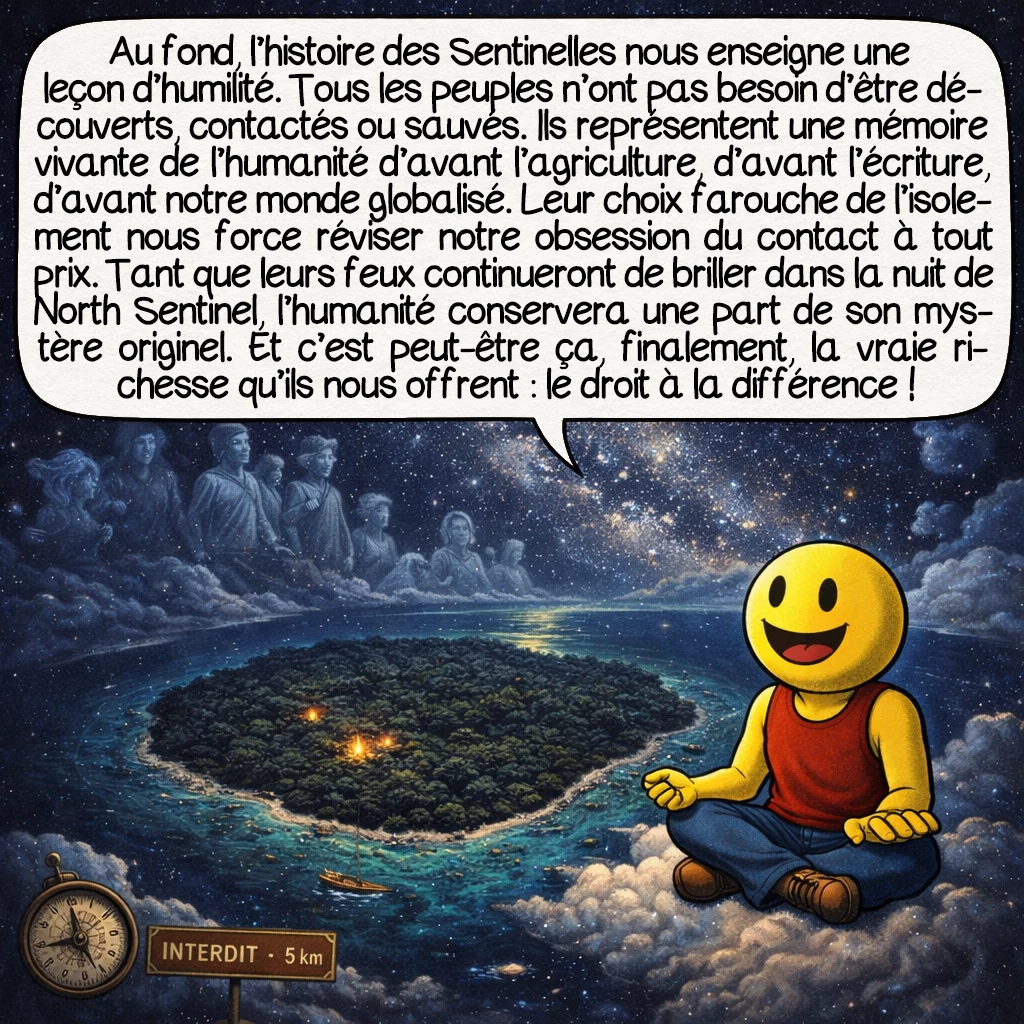 Les Sentinelles, case 10 : Au fond, l’histoire des Sentinelles nous enseigne une leçon d’humilité. Tous les peuples n’ont pas besoin d’être découverts, contactés ou sauvés. Ils représentent une mémoire vivante de l’humanité d’avant l’agriculture, d’avant l’écriture, d’avant notre monde globalisé. Leur choix farouche de l’isolement nous force à questionner notre obsession du contact à tout prix. Tant que leurs feux continueront de briller dans la nuit de North Sentinel, l’humanité conservera une part irréductible de son mystère originel. Et c’est peut-être ça, finalement, la vraie richesse qu’ils nous offrent : le droit à la différence absolue.