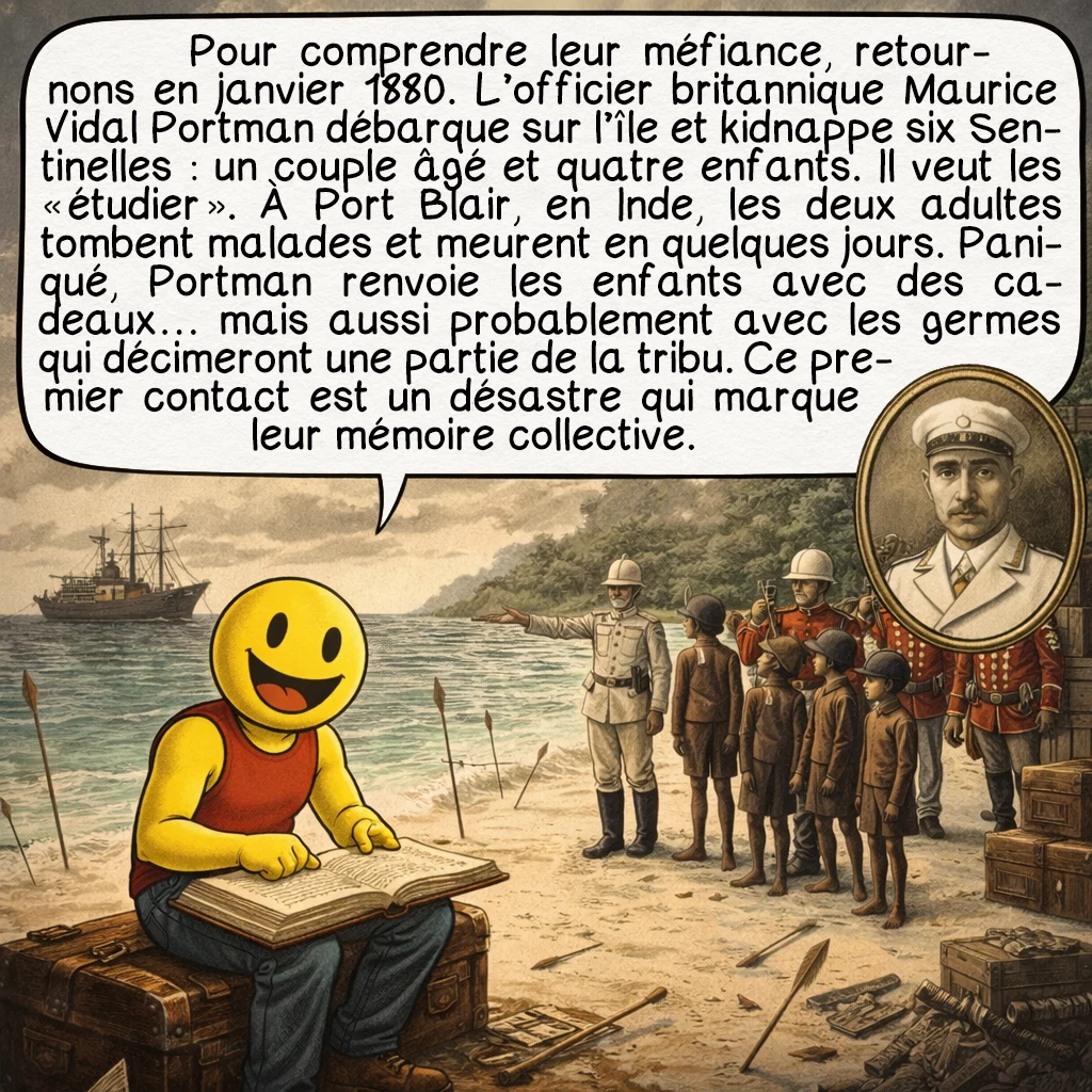 Les Sentinelles, case 2 : Pour comprendre leur méfiance, retournons en janvier 1880. L’officier britannique Maurice Vidal Portman débarque sur l’île et kidnappe six Sentinelles : un couple âgé et quatre enfants. Il veut les « étudier ». À Port Blair, en Inde, les deux adultes tombent malades et meurent en quelques jours. Paniqué, Portman renvoie les enfants avec des cadeaux… mais aussi probablement avec les germes qui décimeront une partie de la tribu. Ce premier contact est un désastre qui marque leur mémoire collective.