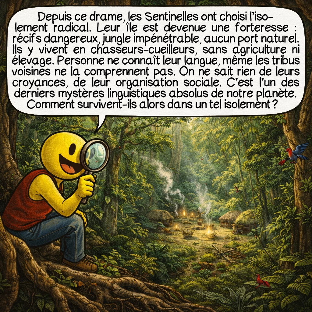 Les Sentinelles, case 3 : Depuis ce drame, les Sentinelles ont choisi l’isolement radical. Leur île est devenue une forteresse : récifs dangereux, jungle impénétrable, aucun port naturel. Ils y vivent en chasseurs-cueilleurs, sans agriculture ni élevage. Personne ne connaît leur langue, même les tribus voisines ne la comprennent pas. On ne sait rien de leurs croyances, de leur organisation sociale. C’est l’un des derniers mystères linguistiques absolus de notre planète. Comment survivent-ils alors dans un tel isolement ?