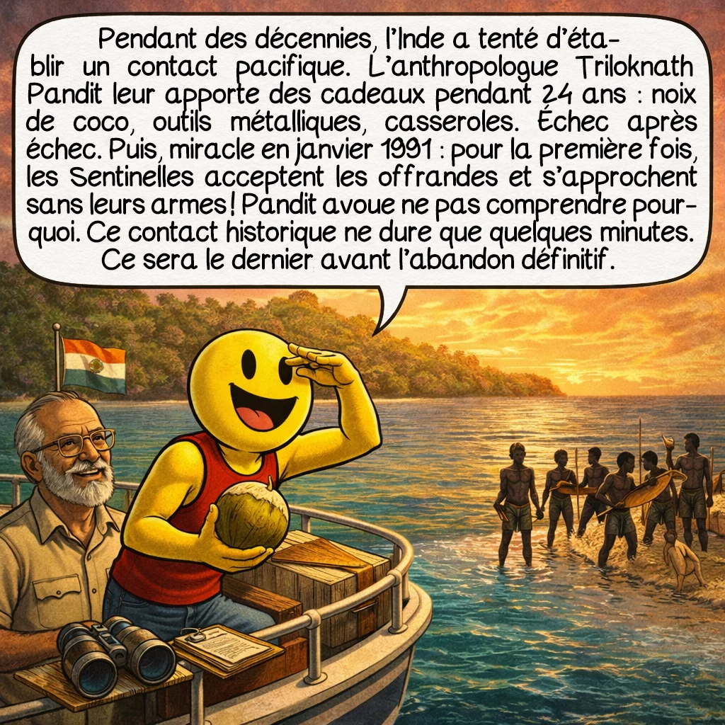Les Sentinelles, case 4 : Pendant des décennies, l’Inde a tenté d’établir un contact pacifique. L’anthropologue Triloknath Pandit leur apporte des cadeaux pendant 24 ans : noix de coco, outils métalliques, casseroles. Échec après échec. Puis, miracle en janvier 1991 : pour la première fois, les Sentinelles acceptent les offrandes et s’approchent sans leurs armes ! Pandit avoue ne pas comprendre pourquoi. Ce contact historique ne dure que quelques minutes. Ce sera le dernier avant l’abandon définitif.