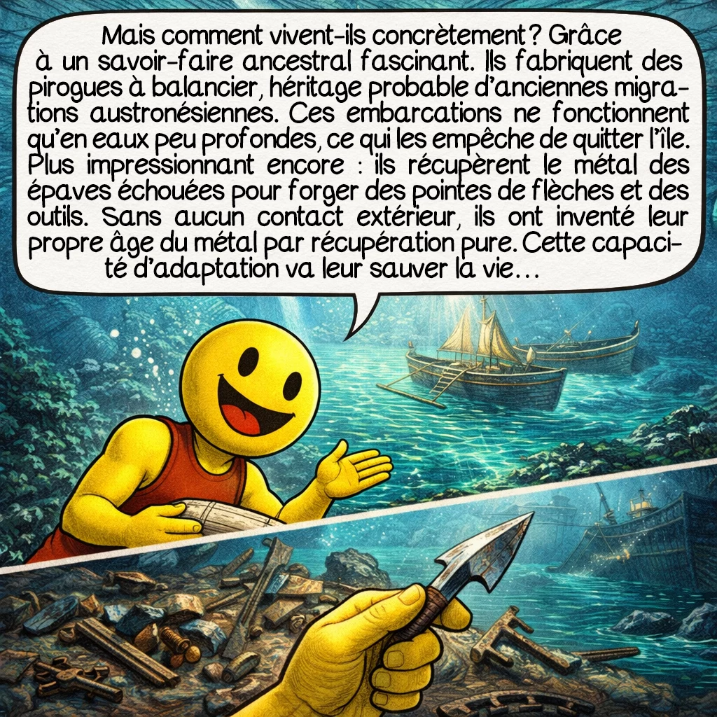 Les Sentinelles, case 5 : Mais comment vivent-ils concrètement ? Grâce à un savoir-faire ancestral fascinant. Ils fabriquent des pirogues à balancier, héritage probable d’anciennes migrations austronésiennes. Ces embarcations ne fonctionnent qu’en eaux peu profondes, ce qui les empêche de quitter l’île. Plus impressionnant encore : ils récupèrent le métal des épaves échouées pour forger des pointes de flèches et des outils. Sans aucun contact extérieur, ils ont inventé leur propre âge du métal par récupération pure. Cette capacité d’adaptation va leur sauver la vie…