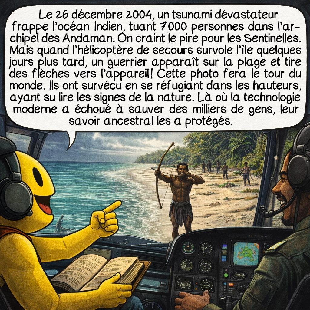 Les Sentinelles, case 7 : Le 26 décembre 2004, un tsunami dévastateur frappe l’océan Indien, tuant 7 000 personnes dans l’archipel des Andaman. On craint le pire pour les Sentinelles. Mais quand l’hélicoptère de secours survole l’île quelques jours plus tard, un guerrier apparaît sur la plage et tire des flèches vers l’appareil ! Cette photo fera le tour du monde. Ils ont survécu en se réfugiant dans les hauteurs, ayant su lire les signes de la nature. Là où la technologie moderne a échoué à sauver des milliers de gens, leur savoir ancestral les a protégés.