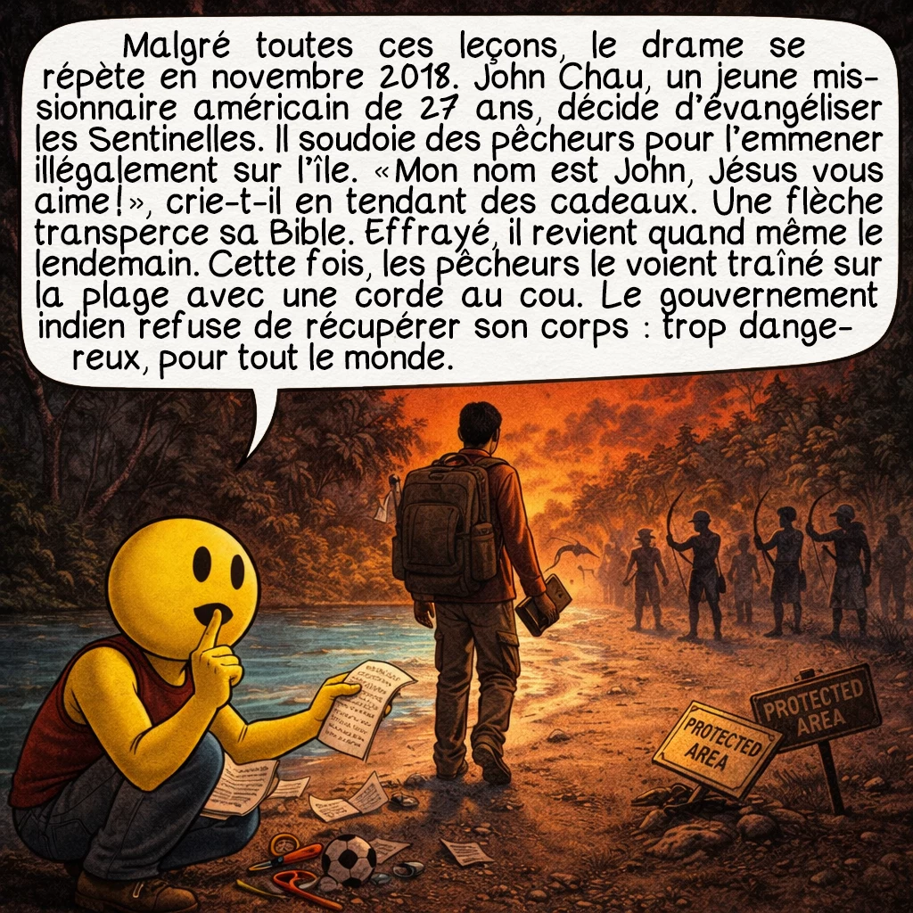 Les Sentinelles, case 8 : Malgré toutes ces leçons, le drame se répète en novembre 2018. John Chau, un jeune missionnaire américain de 27 ans, décide d’évangéliser les Sentinelles. Il soudoie des pêcheurs pour l’emmener illégalement sur l’île. « Mon nom est John, Jésus vous aime ! », crie-t-il en tendant des cadeaux. Une flèche transperce sa Bible. Effrayé, il revient quand même le lendemain. Cette fois, les pêcheurs le voient traîné sur la plage avec une corde au cou. Le gouvernement indien refuse de récupérer son corps : trop dangereux, pour tout le monde.