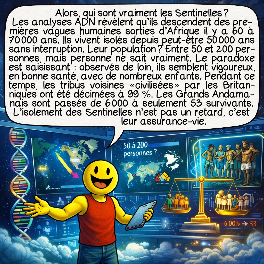 Les Sentinelles, case 9 : Alors, qui sont vraiment les Sentinelles ? Les analyses ADN révèlent qu’ils descendent des premières vagues humaines sorties d’Afrique il y a 60 à 70 000 ans. Ils vivent isolés depuis peut-être 50 000 ans sans interruption. Leur population ? Entre 50 et 200 personnes, mais personne ne sait vraiment. Le paradoxe est saisissant : observés de loin, ils semblent vigoureux, en bonne santé, avec de nombreux enfants. Pendant ce temps, les tribus voisines « civilisées » par les Britanniques ont été décimées à 99 %. Les Grands Andamanais sont passés de 6 000 à seulement 53 survivants. L’isolement des Sentinelles n’est pas un retard, c’est leur assurance-vie.