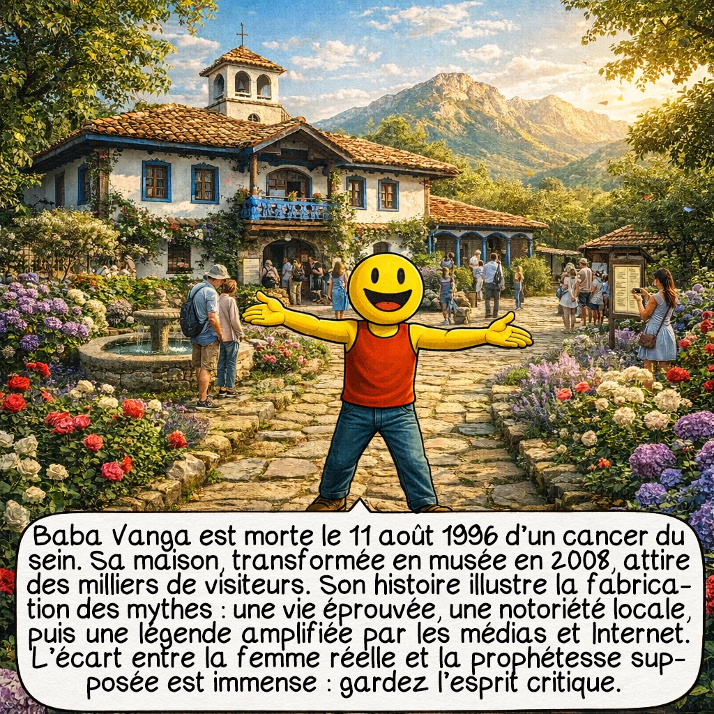 Baba Vanga, case 10 : Baba Vanga est décédée le 11 août 1996 d’un cancer du sein. Sa maison est devenue un musée en 2008, lieu de pèlerinage pour des milliers de visiteurs. Son histoire illustre comment les mythes se construisent : une vie réelle difficile et fascinante, une réputation locale authentique, puis une mythologie moderne amplifiée par Internet et les médias sensationnalistes. Entre la femme bulgare qui a aidé des milliers de personnes et la prophétesse omnisciente décrite aujourd’hui, il y a un monde de différences. À vous de garder l’esprit critique !