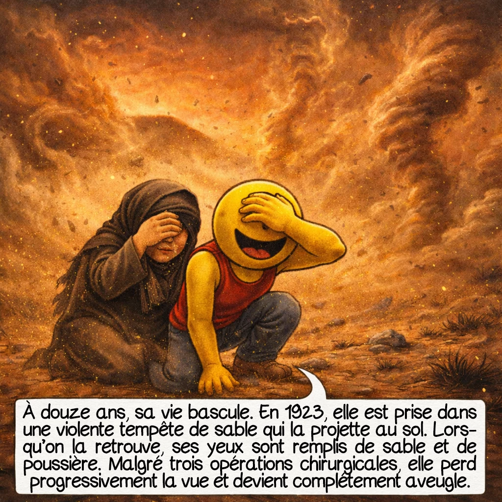 Baba Vanga, case 2 : À douze ans, sa vie bascule. En 1923, elle est prise dans une violente tempête de sable qui la projette au sol. Lorsqu’on la retrouve, ses yeux sont remplis de sable et de poussière. Malgré trois opérations chirurgicales, elle perd progressivement la vue et devient complétement aveugle.