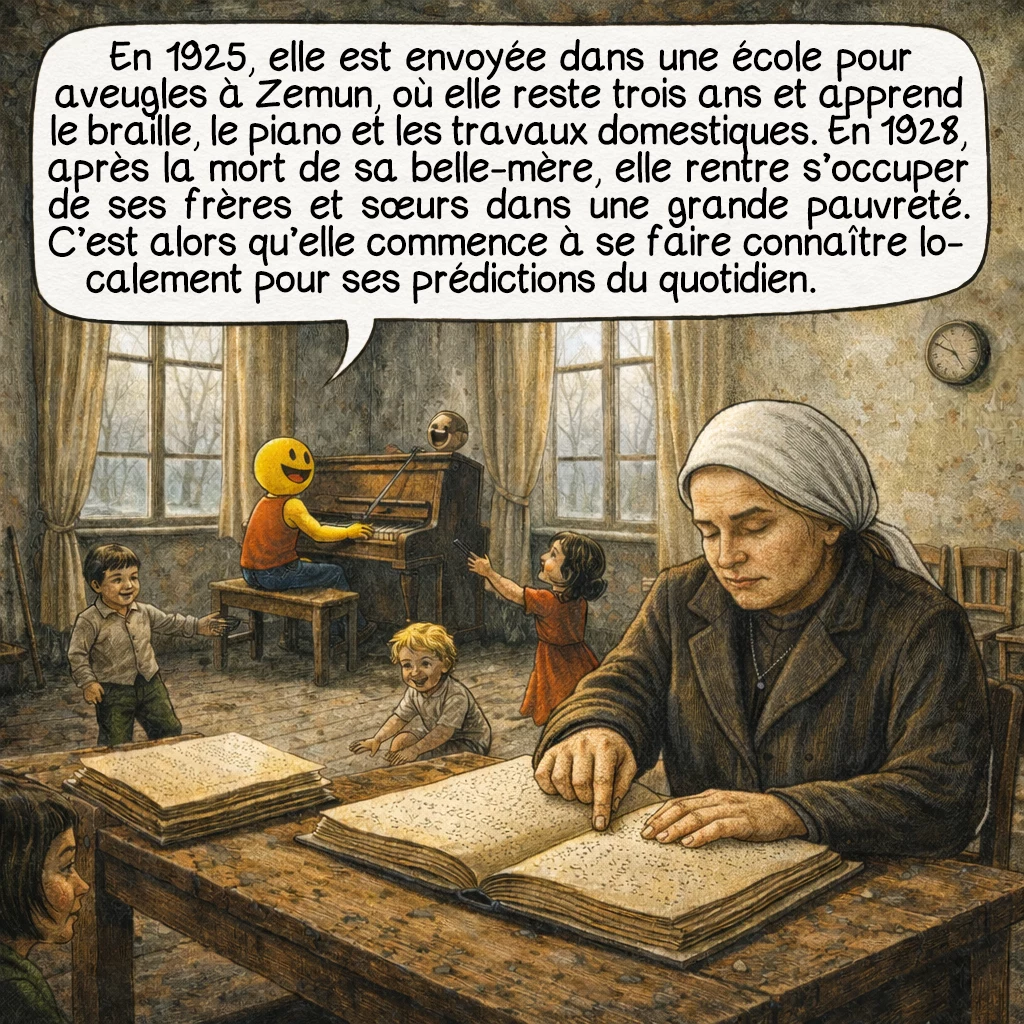 Baba Vanga, case 3 : En 1925, elle est envoyée dans une école pour aveugles à Zemun (actuelle Serbie) où elle passe trois ans. Elle y apprend le braille, le piano, la couture, la cuisine et le ménage. En 1928, sa belle-mère décède et Vanga rentre chez elle pour s’occuper de ses jeunes frères et sœurs. La famille vit dans une extrême pauvreté. C’est vers cette époque qu’elle commence à acquérir une petite réputation locale pour ses prédictions sur des événements du quotidien.