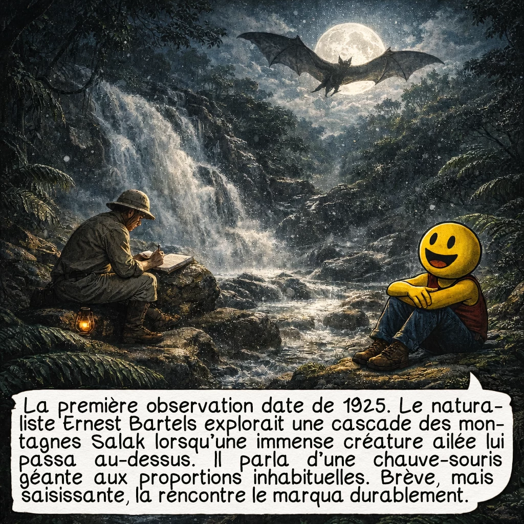 L’ahool, case 2 : La première observation documentée date de 1925. Le naturaliste Ernest Bartels, fils de l’ornithologue renommé M.E.G. Bartels, explorait une cascade dans les montagnes Salak. Une créature volante massive a soudain survolé sa tête, le laissant stupéfait. Il décrit un animal ressemblant à une chauve-souris géante aux proportions inhabituelles, avec des ailes membraneuses. Cette rencontre brève, mais troublante, le marquera durablement.