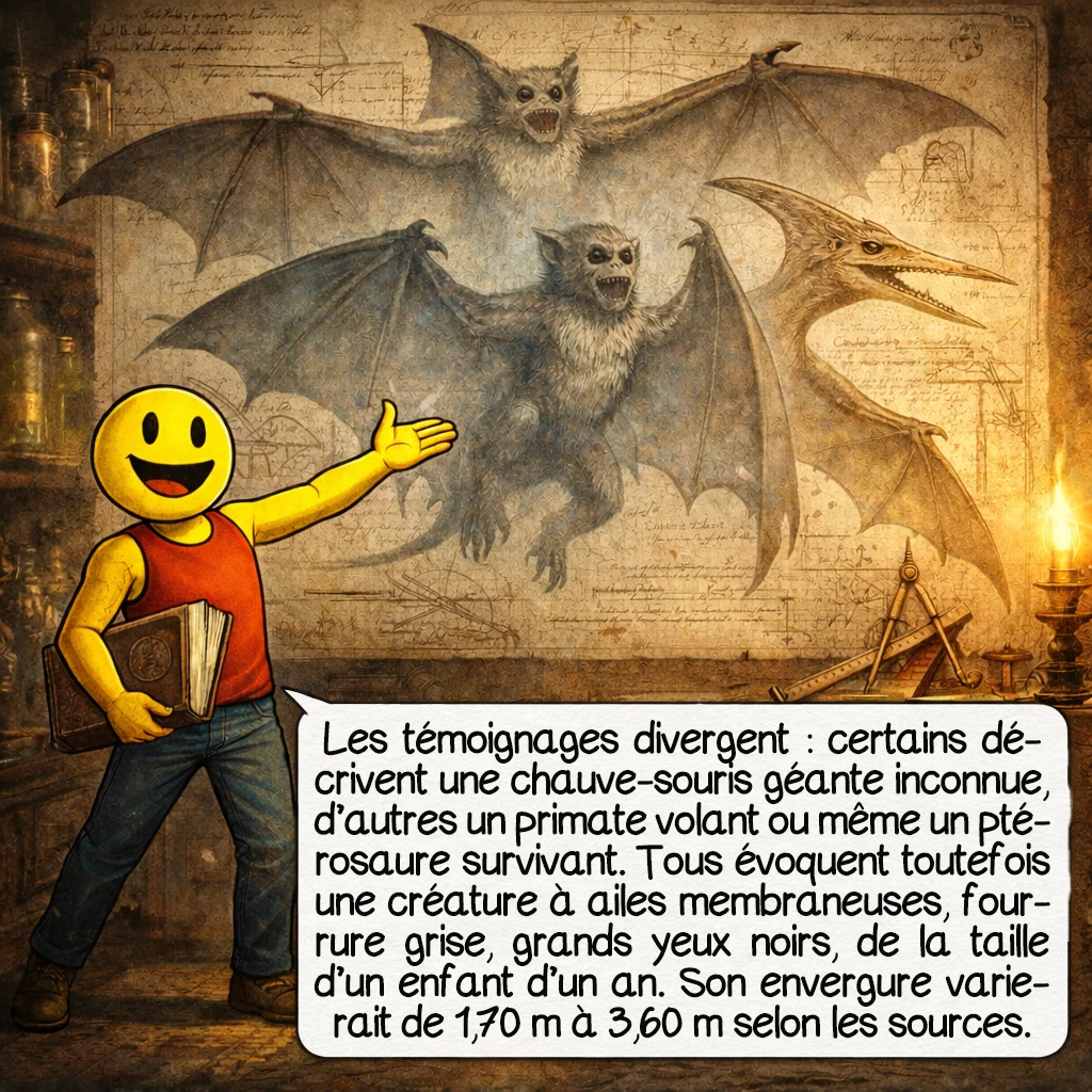 L’ahool, case 4 : Les descriptions varient considérablement. Certains témoins parlent d’une chauve-souris géante non répertoriée, d’autres d’un primate volant au visage simiesque, d’autres encore d’un ptérosaure survivant. Un point commun demeure : une créature à ailes membraneuses, fourrure grise, grands yeux noirs, taille approximative d’un enfant d’un an. L’envergure rapportée oscille entre 1,70 mètre et 3,60 mètres selon les sources.