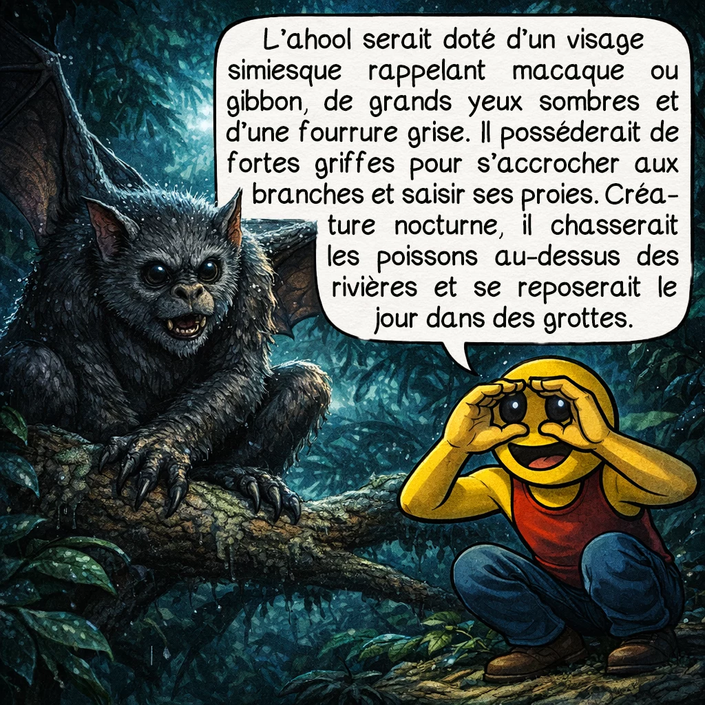 L’ahool, case 5 : Selon la description dominante, l’ahool aurait un visage aux traits simiesques similaires à ceux d’un macaque ou d’un gibbon, de grands yeux sombres, et serait couvert d’une fourrure grise. Des griffes puissantes équiperaient ses avant-bras pour s’agripper aux branches et capturer des proies. La créature serait nocturne, chassant des poissons au-dessus des rivières. Elle se reposerait dans des grottes durant le jour.