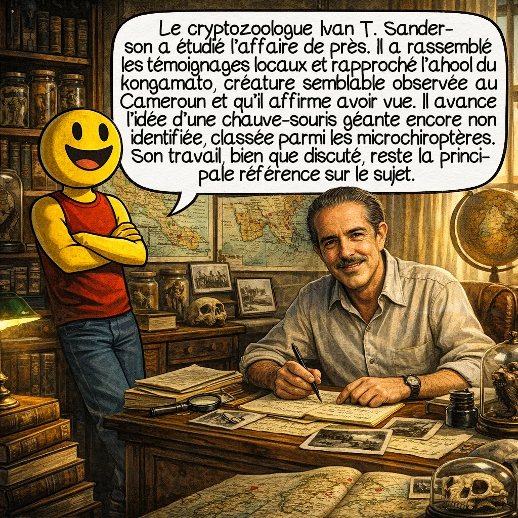 L’ahool, case 6 : Le cryptozoologue Ivan T. Sanderson s’est particulièrement intéressé au cas. Il a compilé les témoignages locaux et établi des parallèles avec le kongamato, créature similaire rapportée au Cameroun, qu’il avait lui-même rencontré. Sanderson émet l’hypothèse d’une chauve-souris géante non classifiée, appartenant à l’ordre des microchiroptères. Son travail reste la principale source documentaire sur l’ahool, bien que controversé.