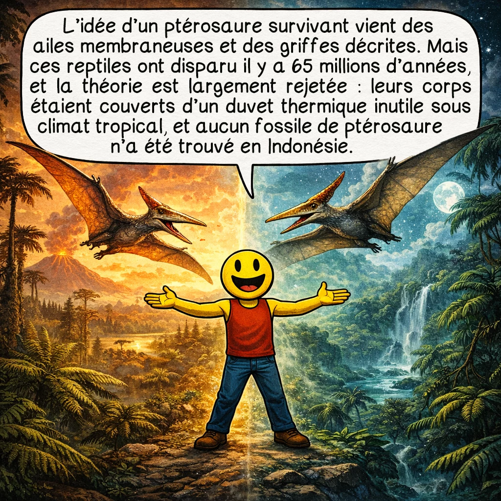 L’ahool, case 7 : L’hypothèse du ptérosaure survivant a été proposée en raison de la description des ailes membraneuses et des griffes. Ces reptiles volants se sont éteints il y a 65 millions d’années. Cependant, cette théorie est largement rejetée par les scientifiques : les ptérosaures possédaient un duvet isolant thermique, superflu sous climat tropical. De plus, aucun fossile de ptérosaure n’a jamais été découvert en Indonésie.