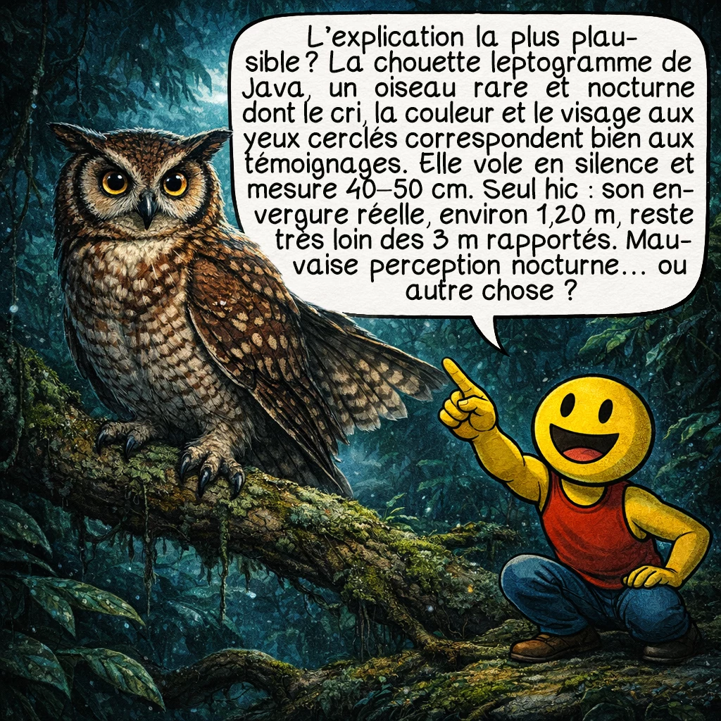 L’ahool, case 8 : L’explication la plus rationnelle ? La chouette leptogramme de Java, oiseau rare et nocturne. Son comportement, son cri, sa couleur, son visage aplati aux yeux cerclés de noir correspondent étonnamment bien aux témoignages. Elle vole silencieusement la nuit et mesure 40-50 centimètres. Problème : son envergure réelle d’environ 1,20 mètre est bien inférieure aux 3 mètres rapportés. Erreur de perception nocturne, ou autre chose ?