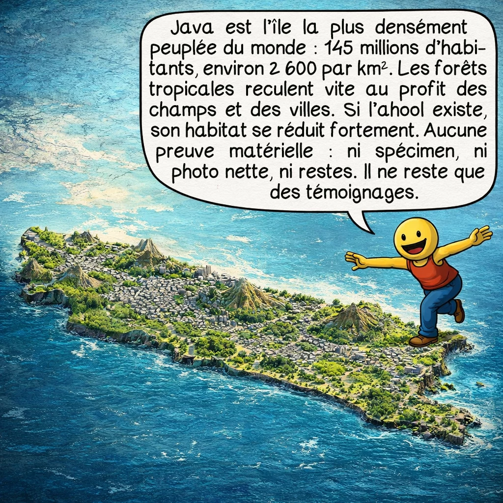 L’ahool, case 9 : Java est l’île la plus densément peuplée au monde : 145 millions d’habitants, soit 2 600 personnes par kilomètre carré. Les forêts tropicales disparaissent rapidement au profit de l’agriculture et de l’urbanisation. Si l’ahool existe réellement, son habitat se réduit drastiquement. Aucune preuve matérielle n’a jamais été trouvée : pas de spécimen, pas de photographie claire, pas de restes. Seuls demeurent les témoignages.