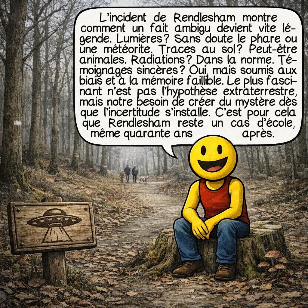 L’incident de Rendlesham, case 10 : L’incident de Rendlesham illustre parfaitement comment un événement ambigu peut devenir mythique. Lumières mal identifiées ? Probablement le phare et une météorite. Traces au sol ? Possiblement animales. Radiations légères ? Dans la marge normale. Témoignages sincères ? Sans doute, mais sujets aux biais perceptifs et à la reconstruction mémorielle. Ce qui reste fascinant, ce n’est pas tant la présence d’extraterrestres… mais notre capacité humaine à créer du mystère là où règne l’incertitude. Voilà pourquoi Rendlesham reste, quarante ans plus tard, un cas d’école !