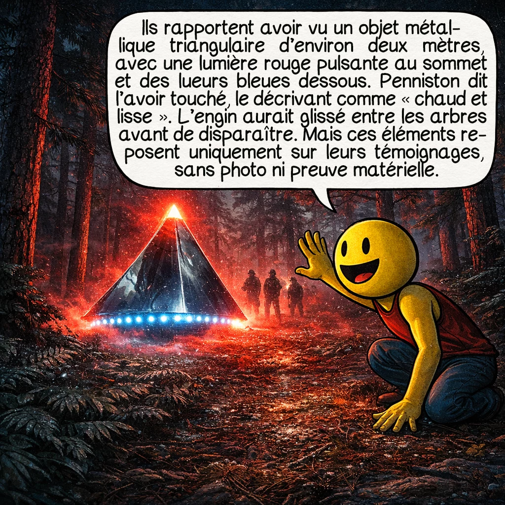 L’incident de Rendlesham, case 3 : Selon leur rapport, ils découvrent un objet triangulaire métallique, haut de deux mètres, émettant une lumière rouge pulsante au sommet et des lumières bleues en dessous. Penniston affirme s’être approché et avoir touché la surface, décrite comme « chaude et lisse ». L’objet aurait ensuite manœuvré entre les arbres avant de disparaître. Mais attention : ces détails spectaculaires proviennent uniquement des témoignages des militaires, sans aucune photo ni preuve matérielle immédiate.