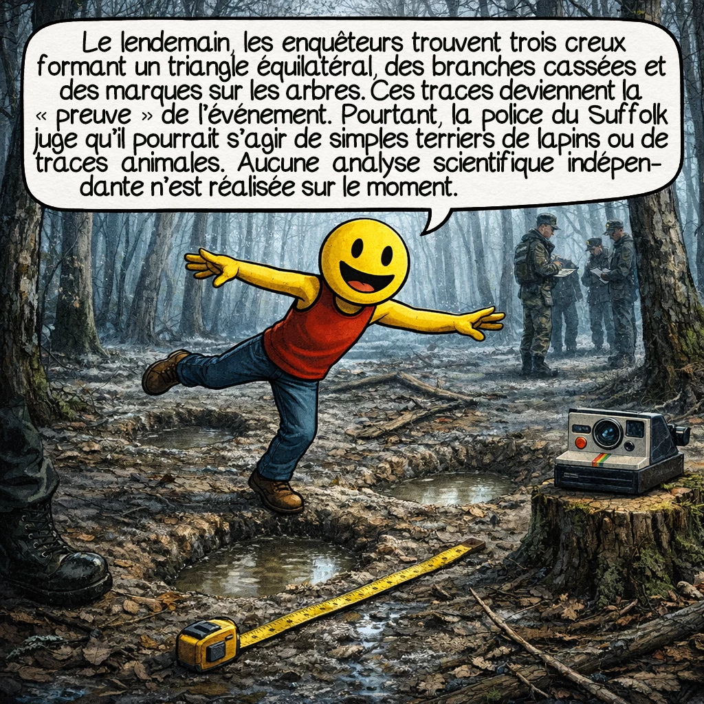 L’incident de Rendlesham, case 4 : Le lendemain matin, les enquêteurs trouvent trois dépressions au sol formant un triangle équilatéral, ainsi que des branches cassées et des marques sur certains arbres. Ces traces deviennent la « preuve physique » de l’événement. Cependant, la police du Suffolk, appelée sur place ce matin-là, rapporte que les dépressions ressemblent à des terriers de lapins ou des traces d’animaux. Aucune analyse scientifique indépendante n’a été menée à chaud.