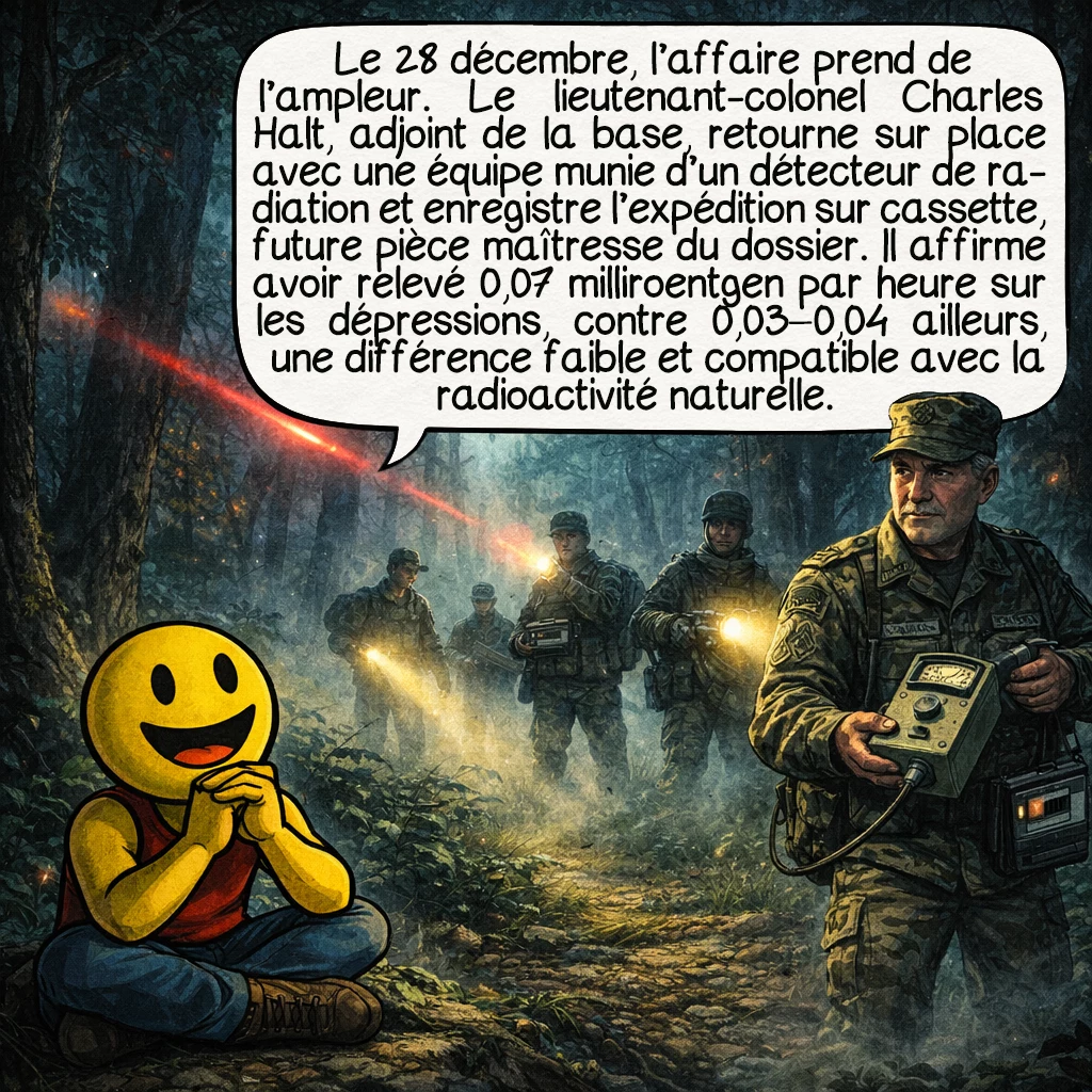 L’incident de Rendlesham, case 5 : Le 28 décembre, l’affaire prend de l’ampleur. Le lieutenant-colonel Charles Halt, commandant adjoint de la base, retourne sur place avec une équipe équipée d’un détecteur de radiation. Il enregistre l’expédition sur cassette audio : cette bande deviendra la pièce maîtresse de l’affaire. Halt rapporte avoir mesuré 0,07 milliroentgens par heure sur le site des dépressions, contre 0,03 à 0,04 ailleurs. Cette différence minime reste dans les limites de la radioactivité naturelle ambiante.