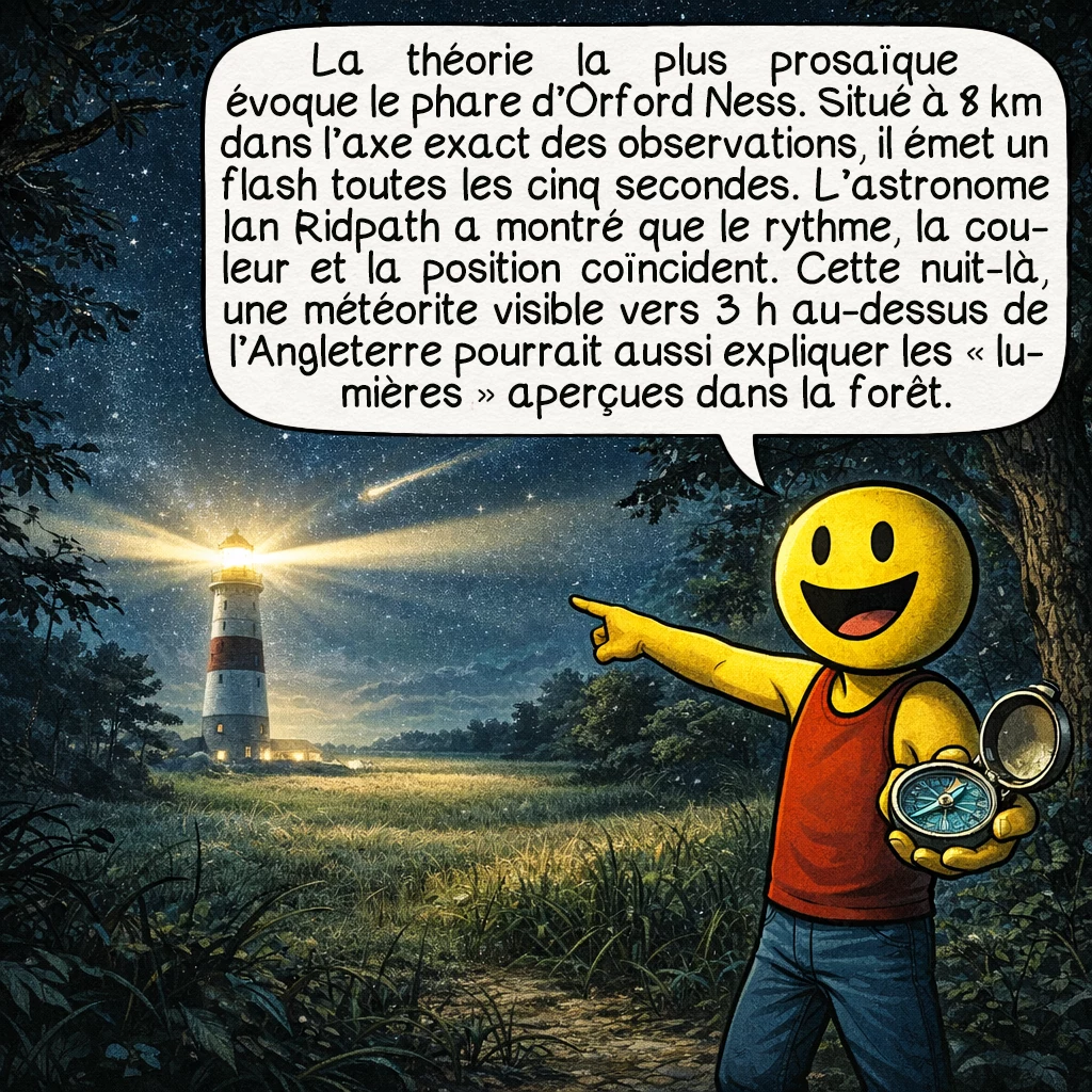 L’incident de Rendlesham, case 6 : Et c’est là qu’intervient la théorie la plus terre-à-terre : le phare d’Orford Ness. Situé à 8 kilomètres dans la direction exacte où Halt et ses hommes ont vu les lumières rouges clignotantes, ce phare émet un flash toutes les cinq secondes. L’astronome Ian Ridpath a démontré que le timing, la couleur et la position correspondent parfaitement. De plus, cette nuit-là, une météorite brillante a été observée au-dessus de l’Angleterre vers 3 heures du matin : elle pourrait expliquer les « lumières descendant dans la forêt ».