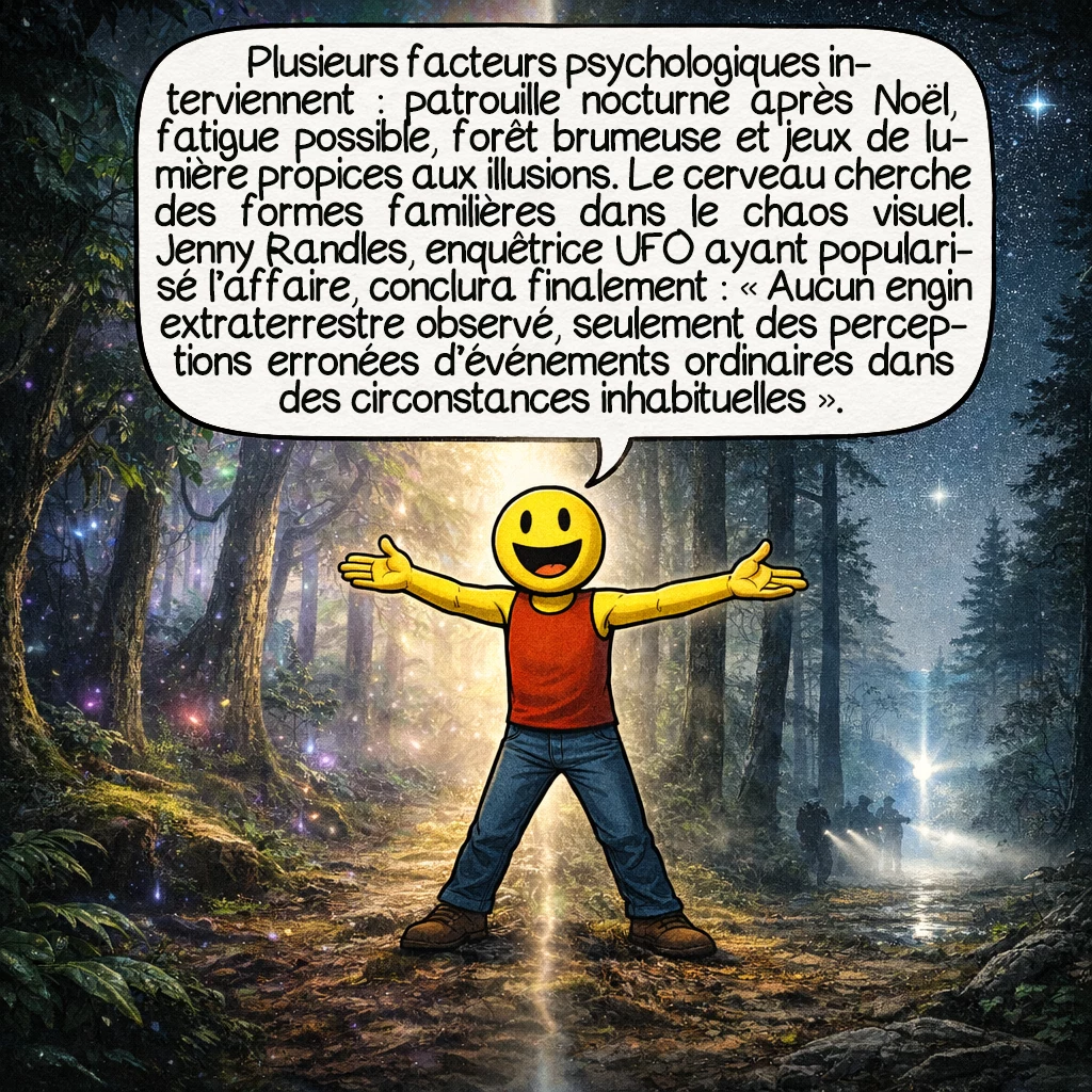 L’incident de Rendlesham, case 7 : Plusieurs facteurs psychologiques entrent en jeu. Les militaires patrouillaient de nuit, en état d’alerte, après Noël, donc potentiellement fatigués. La forêt brumeuse et les jeux de lumière peuvent créer des illusions puissantes. Le cerveau humain cherche naturellement des formes familières dans le chaos visuel. Jenny Randles, l’enquêtrice UFO qui a popularisé l’affaire, a fini par conclure : « Aucun engin extraterrestre n’a été observé. Il s’agit de perceptions erronées d’événements ordinaires dans des circonstances peu ordinaires. »