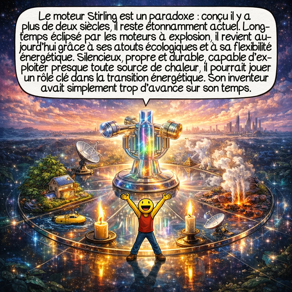 Le moteur Stirling, case 10 : Le moteur Stirling incarne un paradoxe fascinant : inventé il y a plus de deux siècles, il reste d’une modernité étonnante. Trop en avance sur son temps à son époque, éclipsé par les moteurs à explosion au XXe siècle, il revient aujourd’hui en force grâce à ses atouts écologiques et sa flexibilité énergétique. Silencieux, propre, durable, adaptable à presque toute source de chaleur, il pourrait jouer un rôle clé dans la transition énergétique. Robert Stirling, ce pasteur ingénieux, avait peut-être vu plus loin que ses contemporains. Son moteur attend simplement que le monde soit prêt pour lui…