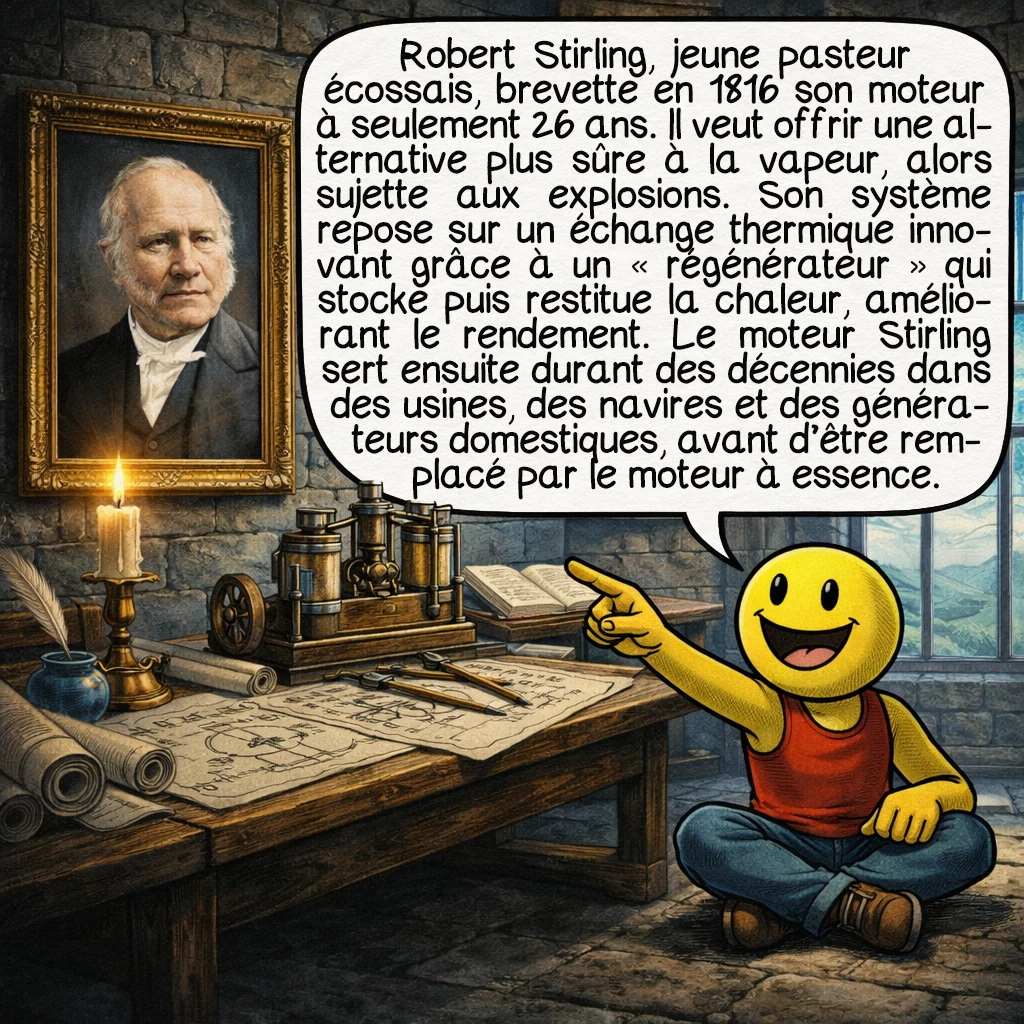 Le moteur Stirling, case 2 : Robert Stirling était un pasteur écossais qui déposa le brevet de son moteur en 1816, à seulement 26 ans. Son objectif ? Créer une alternative plus sûre aux machines à vapeur qui explosaient régulièrement, tuant des dizaines d’ouvriers. Son invention utilisait un échange de chaleur ingénieux via un « régénérateur », un composant qui stockait et restituait la chaleur, augmentant considérablement l’efficacité. Pendant des décennies, le moteur Stirling a équipé des usines, des navires, et même des générateurs domestiques, avant d’être progressivement éclipsé par les moteurs à essence…