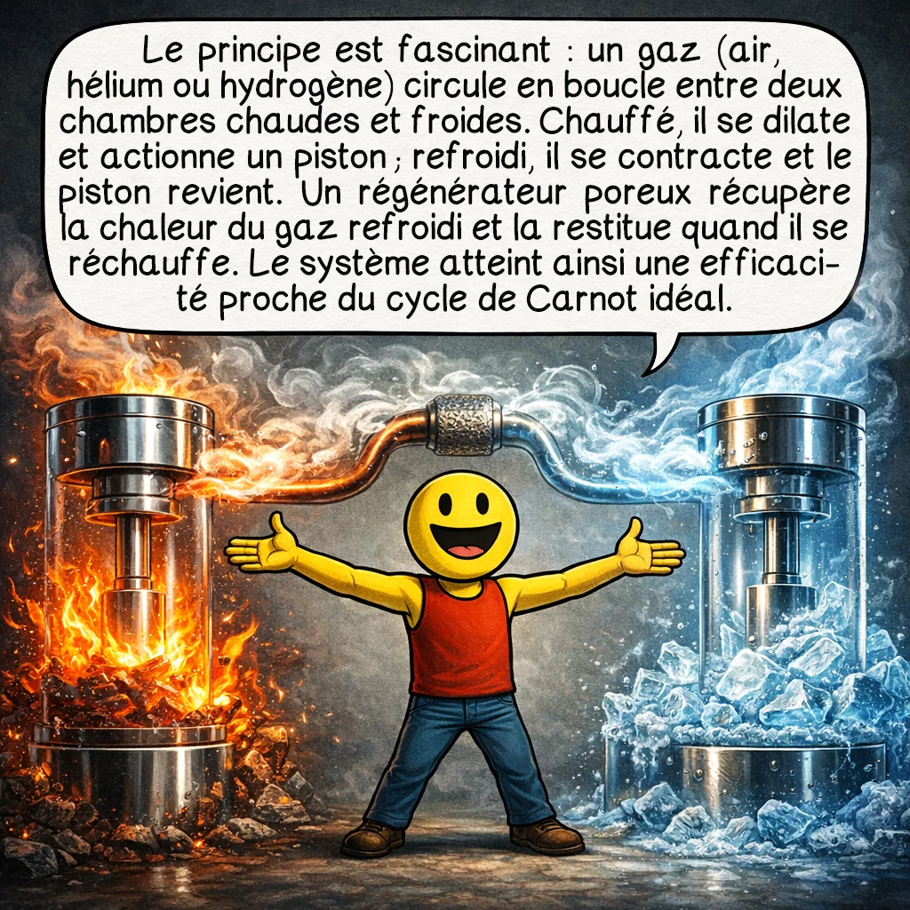 Le moteur Stirling, case 3 : Le principe est fascinant : un gaz enfermé dans un circuit fermé (généralement de l’air, de l’hélium ou de l’hydrogène) oscille entre deux chambres à températures différentes. Quand le gaz est chauffé, il se dilate et pousse un piston qui produit du travail mécanique. Quand il passe dans la zone froide, il se contracte et le piston revient. Le régénérateur, cette éponge métallique poreuse entre les deux zones, capture la chaleur du gaz qui refroidit et la restitue au gaz qui se réchauffe. Résultat : une efficacité thermodynamique proche du cycle de Carnot idéal !