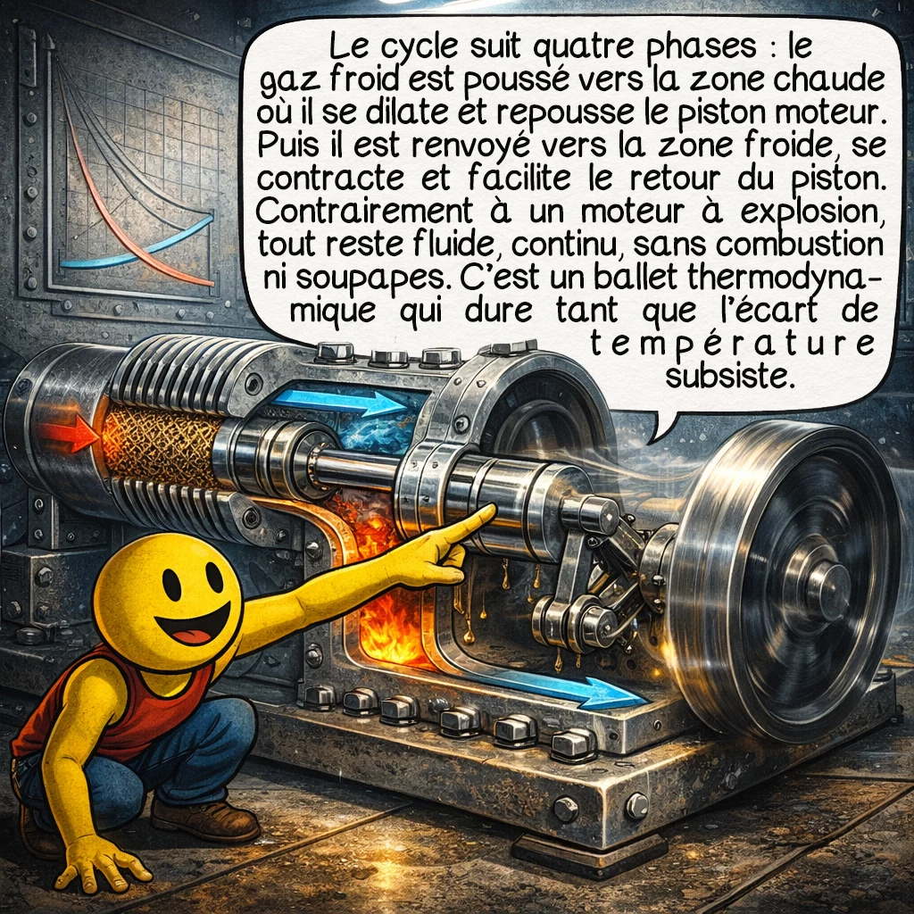 Le moteur Stirling, case 4 : Le cycle se décompose en quatre phases continues : d’abord, le gaz froid est comprimé par le piston déplaceur vers la zone chaude. Là, il chauffe et se dilate violemment, repoussant le piston de puissance qui transmet son énergie au volant. Ensuite, le gaz chaud est déplacé vers la zone froide où il se contracte. Enfin, le piston de compression revient facilement, car le gaz refroidi offre moins de résistance. Contrairement aux moteurs à explosion, ici tout est fluide, continu, sans combustion interne ni soupapes claquantes. C’est un ballet thermodynamique perpétuel tant que la différence de température est maintenue.