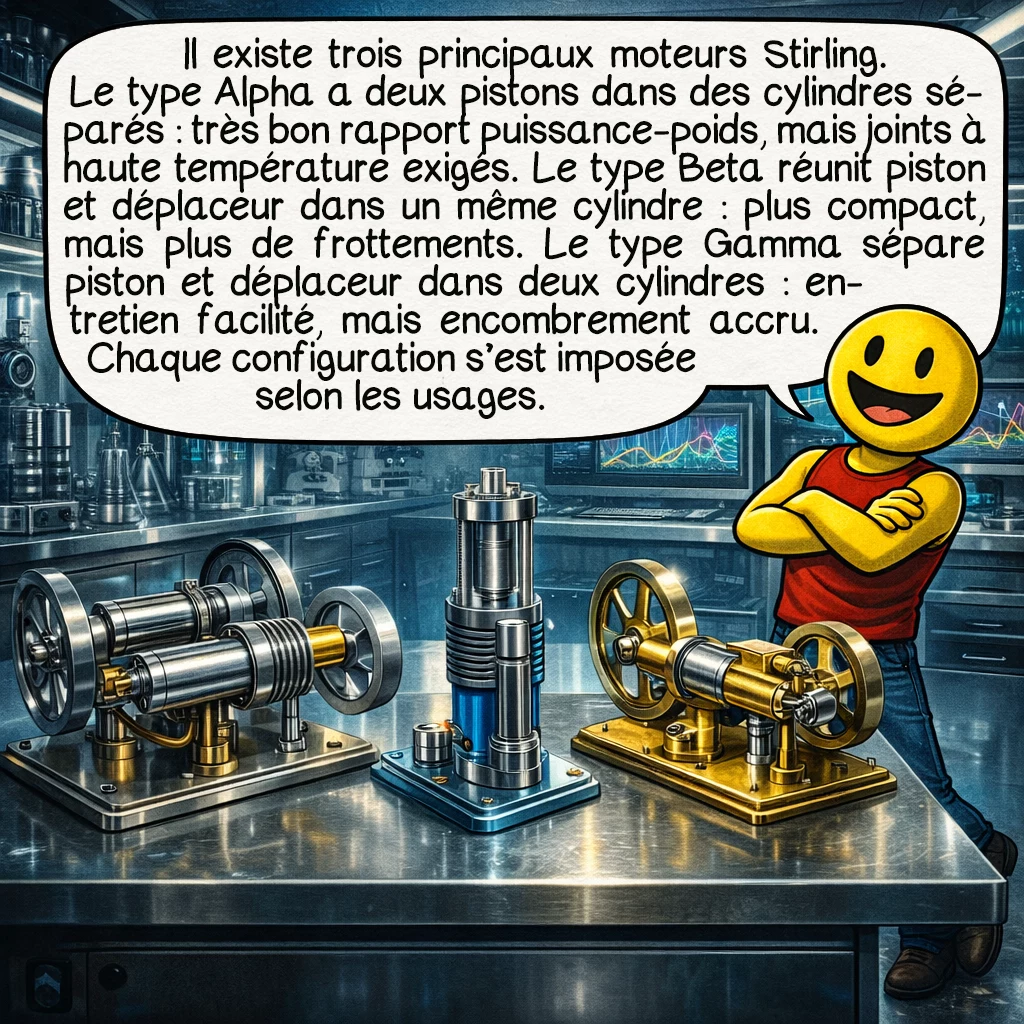 Le moteur Stirling, case 5 : Il existe trois configurations principales de moteurs Stirling, chacune avec ses avantages. Le type Alpha utilise deux pistons de puissance dans deux cylindres séparés, offrant un excellent rapport puissance-poids, mais nécessitant des joints d’étanchéité à haute température. Le type Beta combine piston de puissance et déplaceur dans un même cylindre, plus compact, mais avec plus de pertes par frottement. Le type Gamma sépare les deux dans des cylindres distincts, facilitant la maintenance, mais augmentant l’encombrement. Chaque variante a connu ses heures de gloire selon les applications visées.