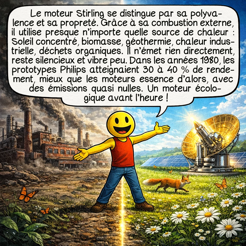 Le moteur Stirling, case 6 : L’atout majeur du moteur Stirling ? Sa polyvalence énergétique et sa propreté. Puisque la combustion est externe, il peut fonctionner avec n’importe quelle source de chaleur : soleil concentré, biomasse, géothermie, chaleur résiduelle industrielle, même déchets organiques. Zéro émission directe, fonctionnement silencieux (aucune explosion), vibrations minimales. Dans les années 1980, des prototypes de voitures Stirling développés par Philips atteignaient des rendements de 30 à 40 %, supérieurs aux moteurs essence de l’époque, avec des émissions quasi nulles. Un véritable moteur écologique avant l’heure !