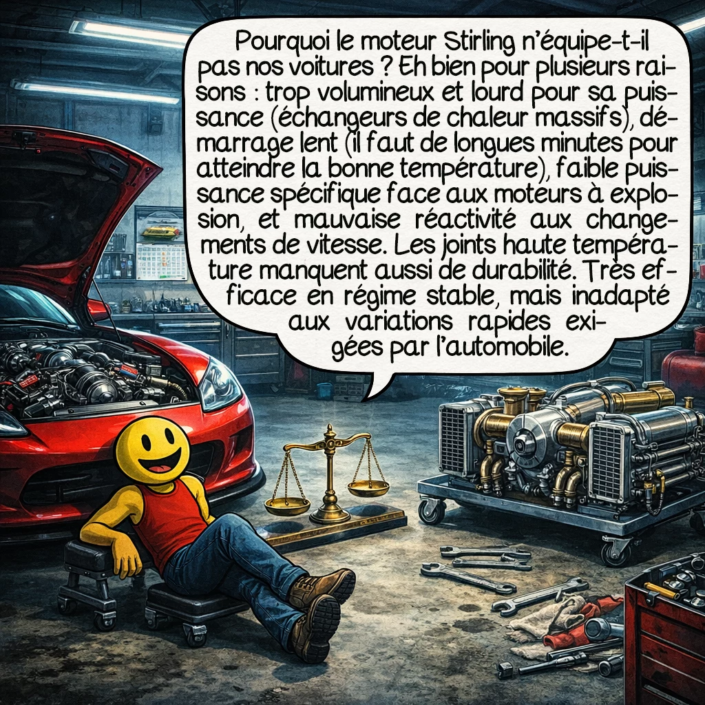 Le moteur Stirling, case 7 : Mais alors, pourquoi n’équipe-t-il pas nos voitures ? Plusieurs limites techniques : le moteur Stirling est volumineux et lourd pour sa puissance (besoin d’échangeurs de chaleur massifs), son temps de démarrage est long (plusieurs minutes pour atteindre la différence de température nécessaire), et sa puissance spécifique est faible comparée aux moteurs à explosion. Difficile aussi de faire varier rapidement sa vitesse, problématique pour un véhicule. Enfin, les joints d’étanchéité à haute température et pression posent des défis durabilité. Résultat : excellente efficacité en régime stable, mais inadapté aux variations brusques du transport automobile.