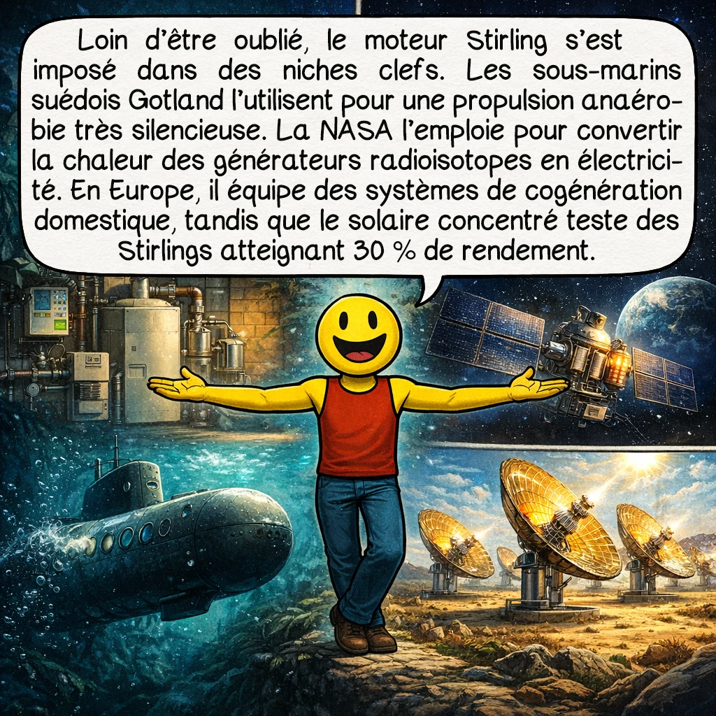 Le moteur Stirling, case 8 : Loin d’être abandonné, le moteur Stirling a trouvé des niches où il excelle. Les sous-marins suédois Gotland utilisent des Stirling pour une propulsion anaérobie ultra-silencieuse, invisible aux sonars. La NASA les emploie pour convertir la chaleur des générateurs radioisotopes en électricité dans l’espace lointain où les panneaux solaires sont inefficaces. Des systèmes de cogénération domestique combinant chaleur et électricité équipent des milliers de foyers en Europe. Enfin, la recherche solaire concentrée teste des Stirling pour convertir directement la chaleur solaire en électricité avec des rendements atteignant 30 %, supérieurs au photovoltaïque classique.