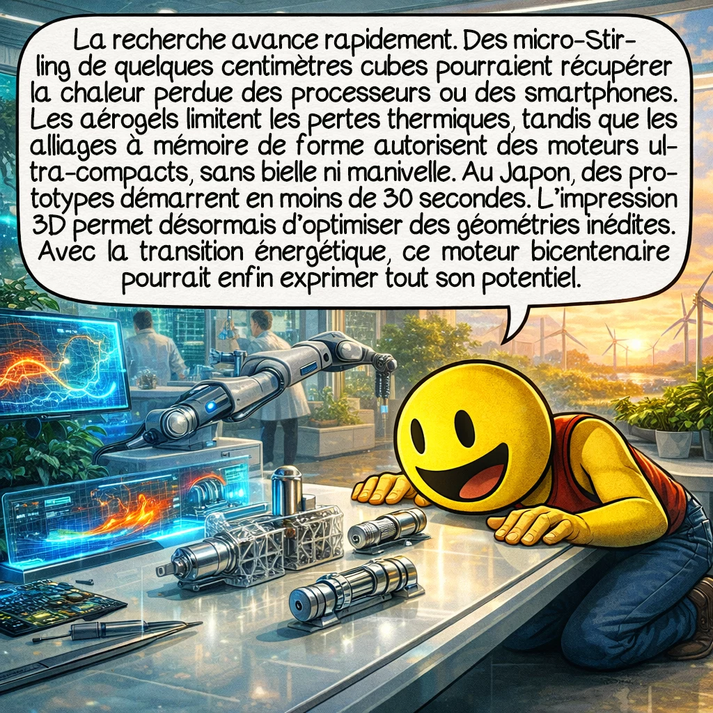 Le moteur Stirling, case 9 : La recherche actuelle explore des pistes prometteuses. Des micro-Stirling de quelques centimètres cubes pourraient récupérer la chaleur perdue des processeurs informatiques ou des téléphones. Des matériaux avancés comme les aérogels réduisent les pertes thermiques, tandis que les alliages à mémoire de forme permettent des designs sans bielle ni manivelle, ultra-compacts. Des chercheurs japonais ont créé des Stirling capables de démarrer en moins de 30 secondes. L’impression 3D ouvre la voie à des géométries impossibles auparavant, optimisant les flux thermiques. Avec la transition énergétique, ce moteur bicentenaire pourrait enfin révéler tout son potentiel…
