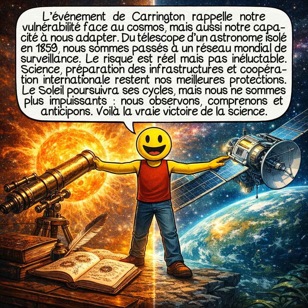 L'événement de Carrington, case 10 : L’événement de Carrington nous rappelle notre fragilité face aux forces cosmiques, mais aussi notre capacité d’adaptation. De l’astronome solitaire avec son télescope en 1859, nous sommes passés à un réseau mondial de surveillance. Le risque est réel, documenté, mais pas inévitable. La connaissance scientifique, la préparation des infrastructures, et la coopération internationale sont nos meilleures défenses. Le Soleil continuera ses cycles, mais nous ne sommes plus des spectateurs impuissants. Nous observons, nous comprenons, et nous nous préparons. C’est cela, la véritable victoire de la science.