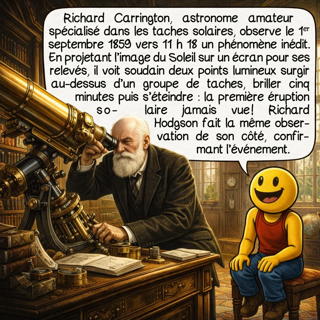 L'événement de Carrington, case 2 : Richard Carrington était un astronome amateur passionné, spécialisé dans l’observation des taches solaires. Le 1er septembre 1859, vers 11 h 18, il réalise une observation capitale : il projette l’image du Soleil sur un écran blanc pour cartographier les taches. Soudain, deux points lumineux intenses apparaissent au-dessus d’un groupe de taches, s’intensifient pendant environ cinq minutes, puis disparaissent. C’est la première observation directe d’une éruption solaire ! Un autre astronome, Richard Hodgson, observe indépendamment le même phénomène, confirmant l’événement.