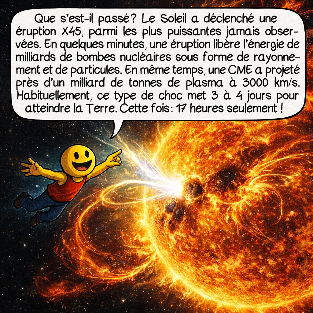 L'événement de Carrington, case 3 : Mais que s’est-il réellement passé ? Le Soleil a produit une éruption de classe X45, l’une des plus puissantes jamais estimées. Une éruption solaire libère en quelques minutes l’équivalent de milliards de bombes nucléaires sous forme de rayonnement électromagnétique et de particules. Simultanément, une éjection de masse coronale (CME) propulse environ un milliard de tonnes de plasma magnétisé à 3000 km/s vers l’espace. Normalement, ce type d’onde de choc met 3 à 4 jours pour atteindre la Terre. Cette fois ? Seulement 17 heures !