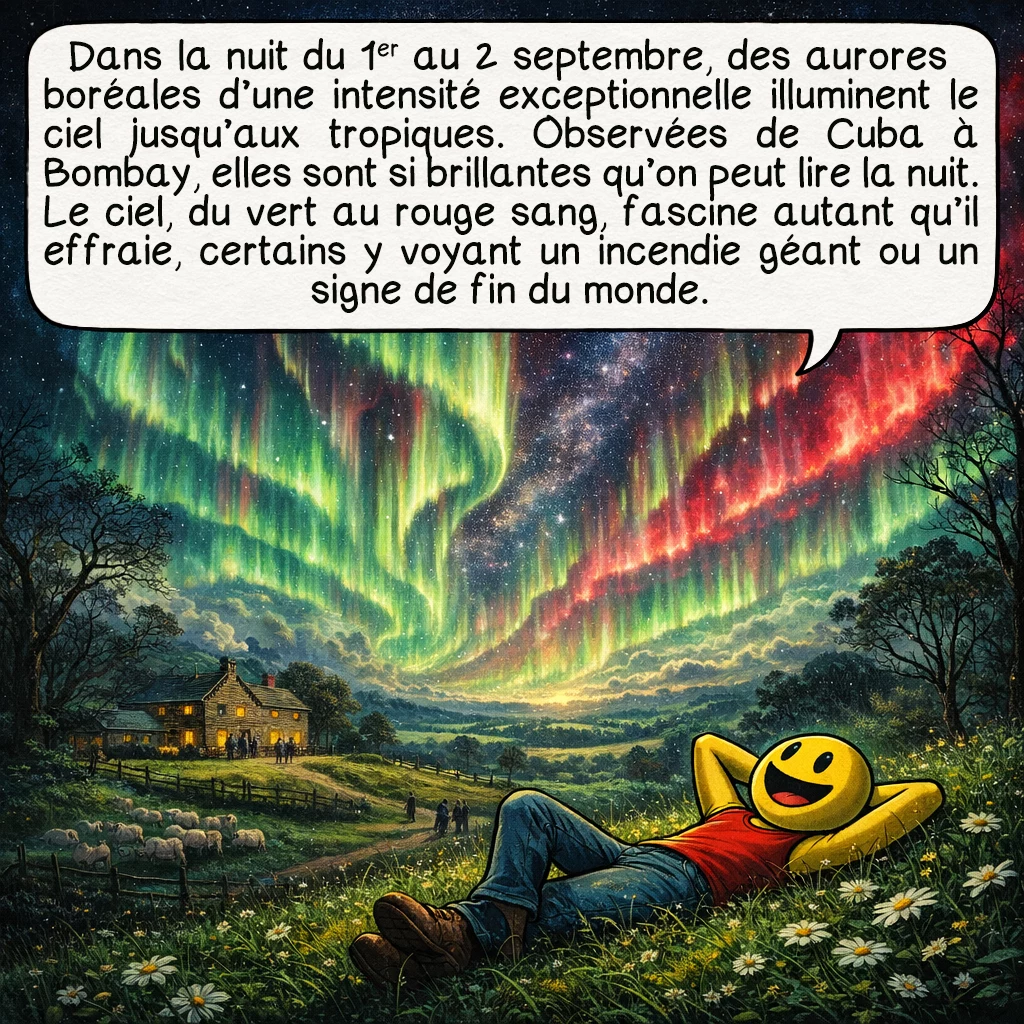 L'événement de Carrington, case 4 : Dans la nuit du 1er au 2 septembre, le spectacle commence. Des aurores boréales d’une intensité inouïe illuminent le ciel jusqu’à des latitudes tropicales ! On les observe à Cuba, au Mexique, en Colombie, à Rome, au Caire, même à Bombay. Ces lumières sont si brillantes qu’on peut lire le journal en pleine nuit. Les couleurs vont du vert au rouge sang, créant un spectacle à la fois magnifique et terrifiant pour les témoins. Beaucoup pensent assister à un incendie géant ou à un présage apocalyptique.