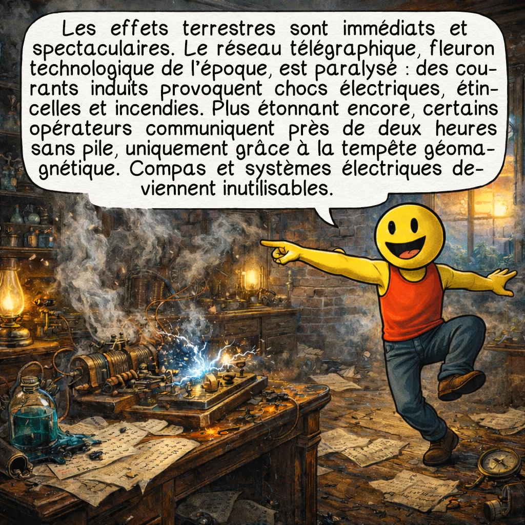 L'événement de Carrington, case 5 : Les effets terrestres sont immédiats et spectaculaires. Le réseau télégraphique, technologie de pointe de l’époque, est complètement paralysé. Les courants électriques induits dans les lignes sont si intenses que des opérateurs reçoivent des chocs électriques. Les équipements prennent feu, des étincelles jaillissent des manipulateurs. Le plus étrange ? Certains opérateurs parviennent à communiquer pendant deux heures sans pile, uniquement grâce aux courants induits par la tempête géomagnétique ! Les systèmes électriques et les compas magnétiques deviennent totalement inutilisables.