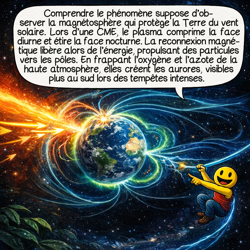 L'événement de Carrington, case 6 : Comprendre le phénomène nécessite d’explorer la magnétosphère. Ce bouclier magnétique protège la Terre du vent solaire constant. Lors d’une CME puissante, le plasma magnétisé comprime violemment la magnétosphère côté jour et l’étire côté nuit. Le processus de reconnexion magnétique libère une énergie colossale, accélérant les particules le long des lignes de champ vers les pôles. Ces particules excitent les atomes d’oxygène et d’azote dans la haute atmosphère, produisant les aurores. Plus la tempête est forte, plus les aurores descendent en latitude.