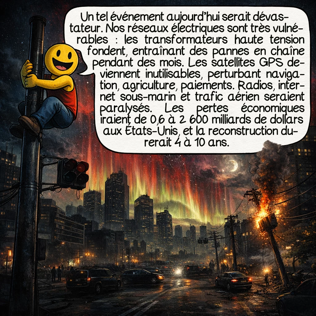L'événement de Carrington, case 7 : Que se passerait-il aujourd’hui si un événement similaire se produisait ? Les conséquences seraient catastrophiques. Les réseaux électriques modernes sont extrêmement vulnérables aux courants géomagnétiquement induits. Les transformateurs haute tension grillent, provoquant des pannes en cascade durant des mois. Les satellites GPS sont aveugles, perturbant navigation, agriculture de précision, transactions bancaires. Les communications radio, les réseaux internet sous-marins, le transport aérien seraient paralysés. Le coût économique est estimé entre 0,6 et 2 600 milliards de dollars rien que pour les États-Unis. La reconstruction prendrait 4 à 10 ans.