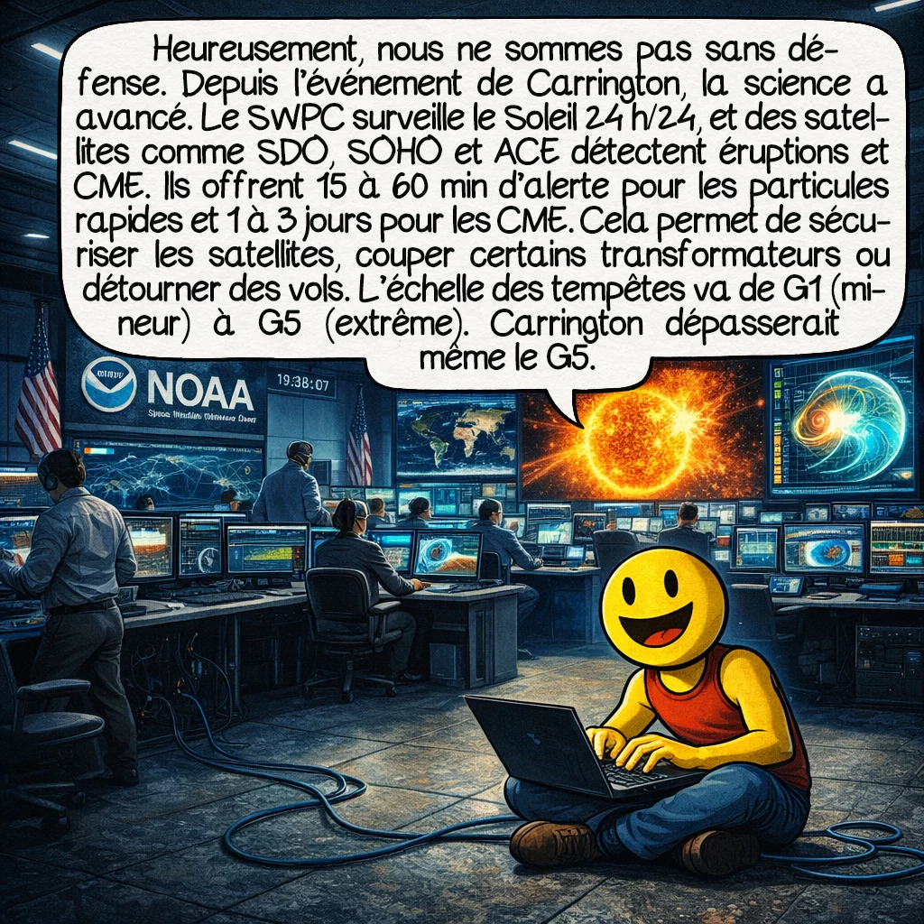 L'événement de Carrington, case 8 : Heureusement, nous ne sommes pas démunis. Depuis l’événement de Carrington, la science a progressé. Le réseau de surveillance spatiale SWPC (Space Weather Prediction Center) observe le Soleil 24 h/24. Les satellites comme SDO, SOHO, et ACE détectent les éruptions et CME, offrant 15 à 60 minutes d’avertissement pour les particules rapides, et 1 à 3 jours pour les CME. Les opérateurs peuvent alors mettre en sécurité les satellites, déconnecter des transformateurs, réorienter les avions. L’échelle de tempête géomagnétique va de G1 (mineur) à G5 (extrême). Carrington aurait été au-delà du G5.