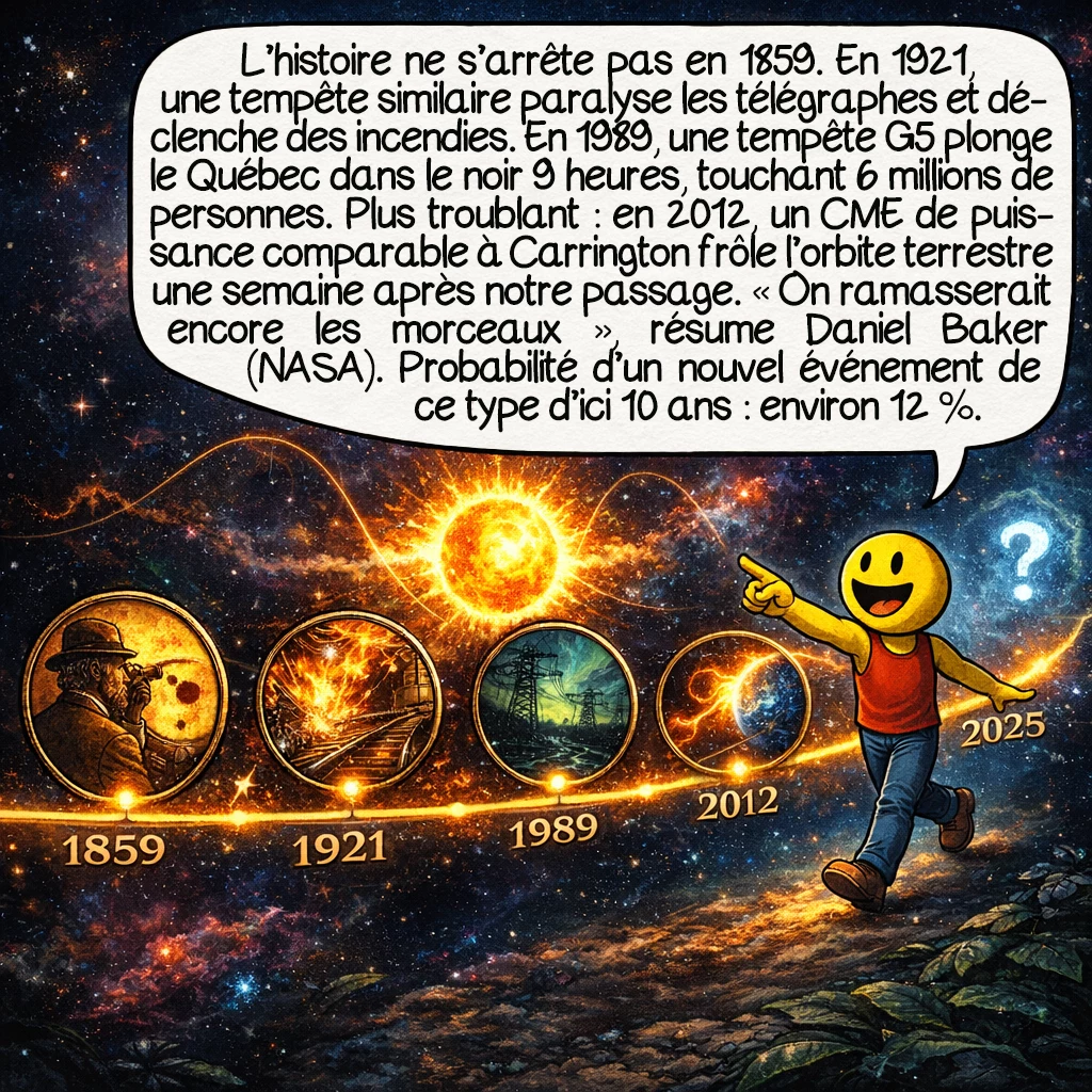 L'événement de Carrington, case 9 : L’histoire ne s’arrête pas en 1859. En mai 1921, une tempête comparable paralyse les télégraphes et provoque des incendies de centraux téléphoniques. En mars 1989, une tempête G5 plonge le Québec dans le noir pendant 9 heures, affectant 6 millions de personnes. Le plus inquiétant ? En juillet 2012, un CME de puissance similaire à Carrington traverse l’orbite terrestre… une semaine après notre passage. Si la Terre avait été là, nous serions « encore en train de ramasser les morceaux », selon Daniel Baker (NASA). La probabilité d’un événement Carrington au cours des 10 prochaines années ? Environ 12 %.